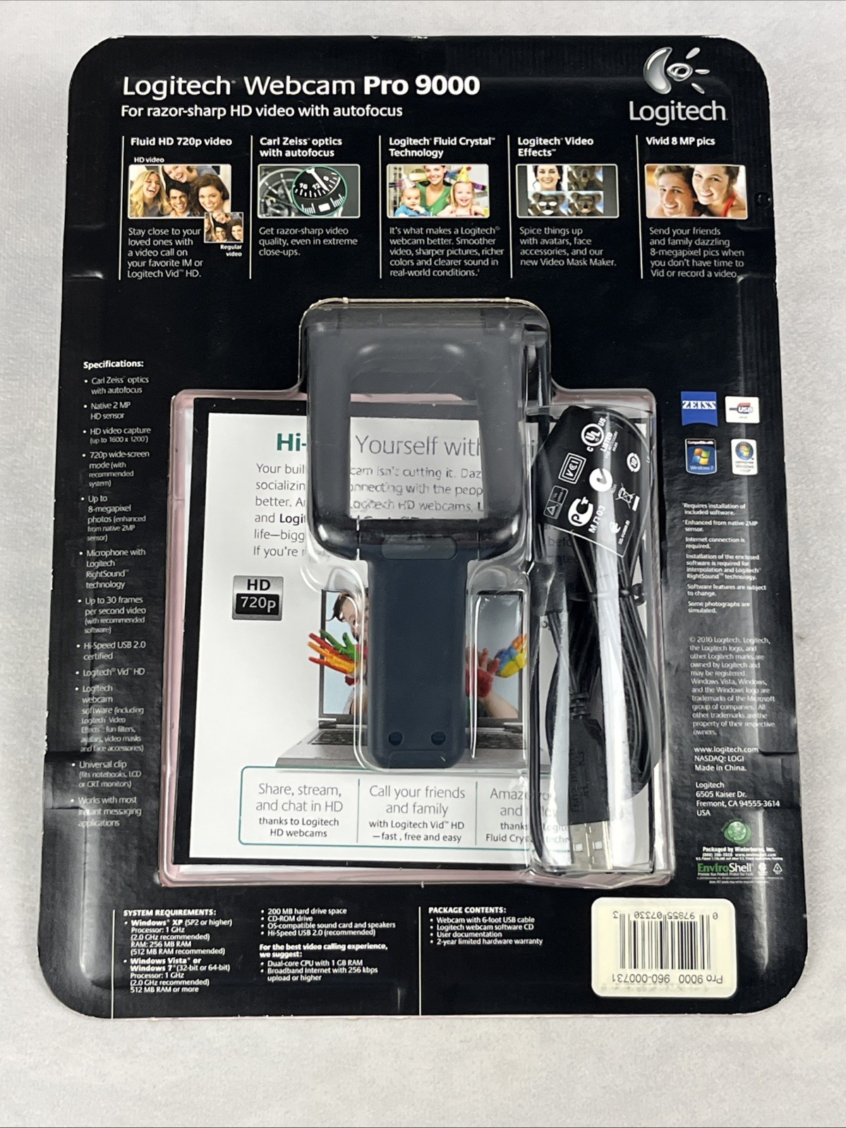 Logitech Webcam Pro 9000 Vid HD 720p 6 Ft. USB Cable Software CD Zoom Video NEW