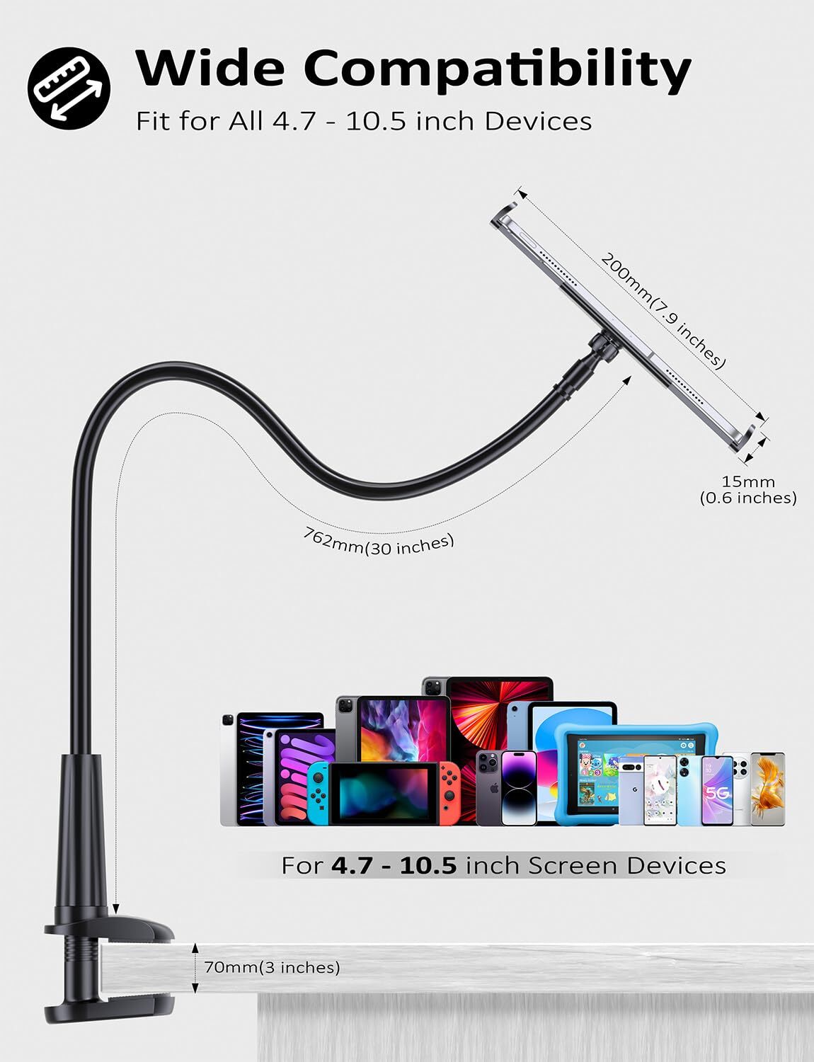 Gooseneck Tablet Holder Stand For Bed Adjustable Flexible Arm Tablets Mount Clam