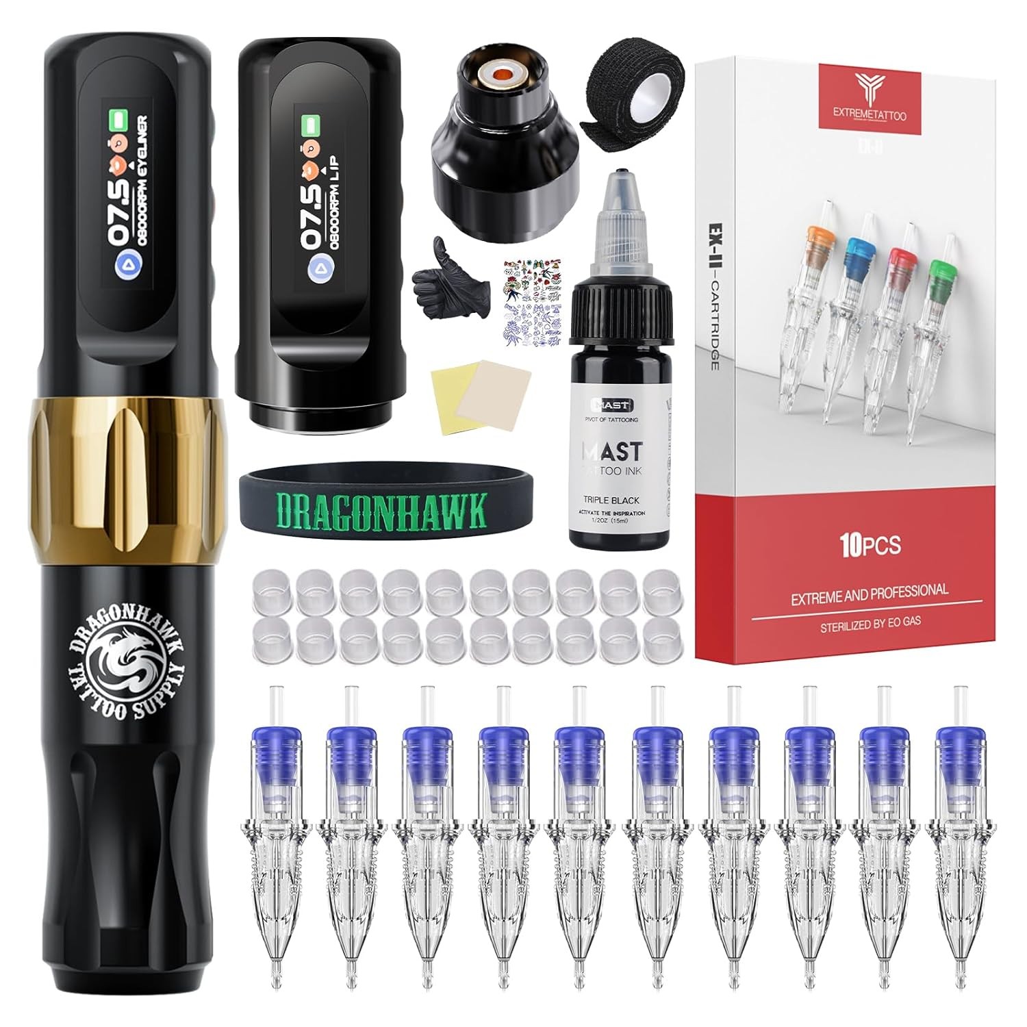 Dragonhawk Atom2 Tattoo Pen Machine Kit - Cordless & Gold with 2 Batteries