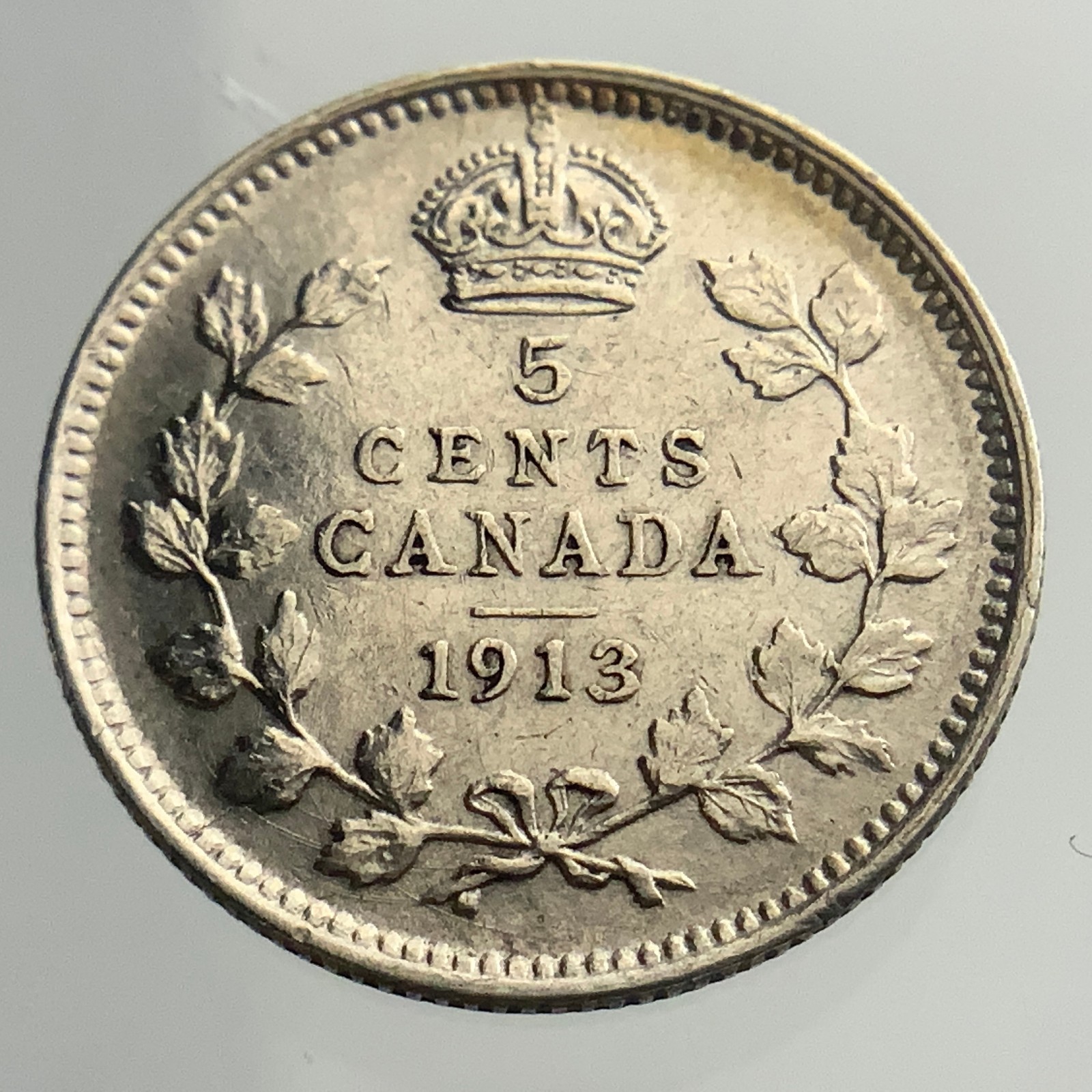 1913 Canada Small Five Cents Uncirculated King George 5 Silver Coin NGS007