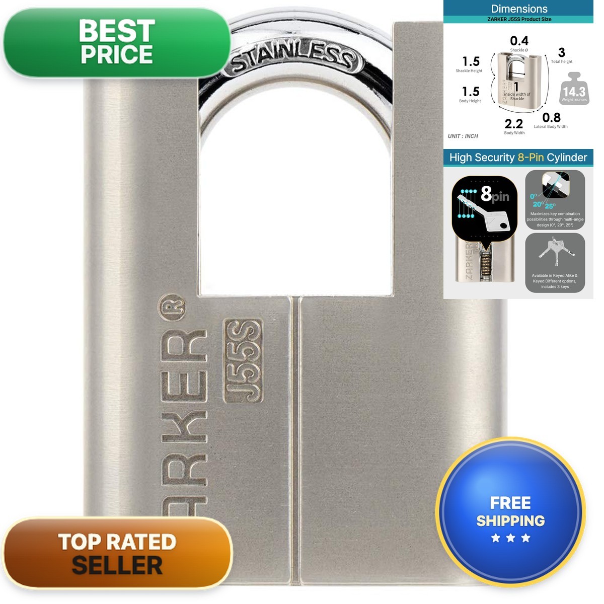 Zarker J55S Keyed Padlock, Heavy Duty Stainless Steel Shackle Lock, Waterproof