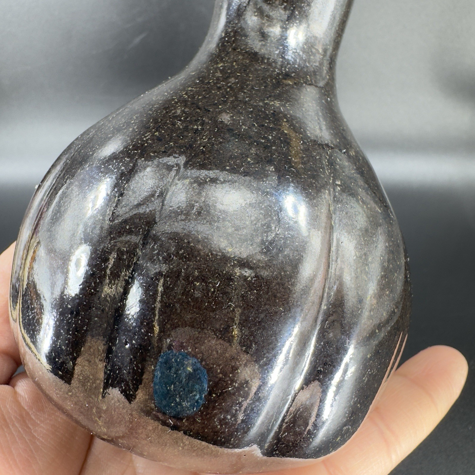 1980s Vintage Stoneware Pottery Vase Bottle Artist Signed Deep Brown Black Glaze