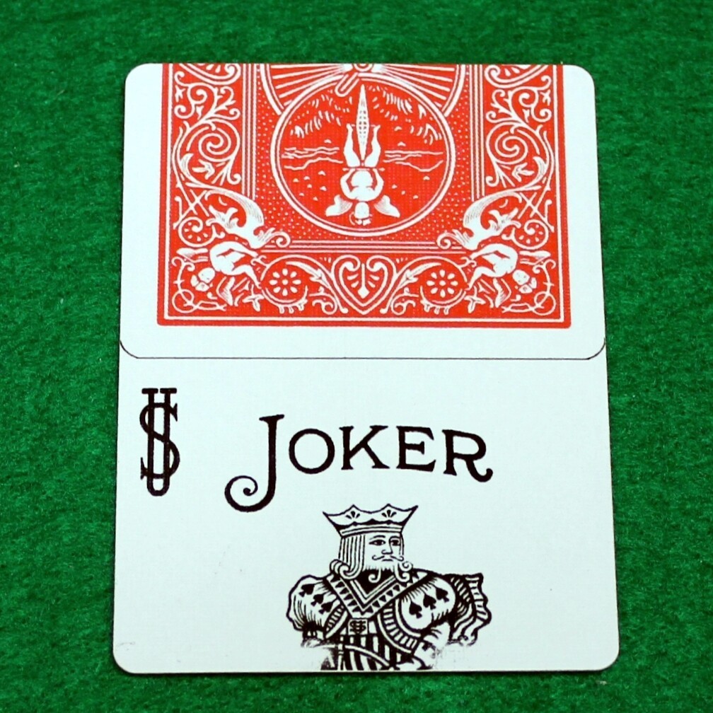 Black White Joker half Red Back- Horizontal, Bicycle Printed Gaff Card, Red