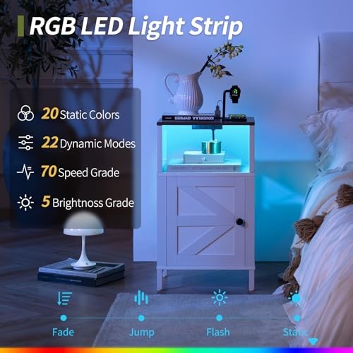 Farmhouse Nightstand with Charging Station, Wood Night Stand End with White