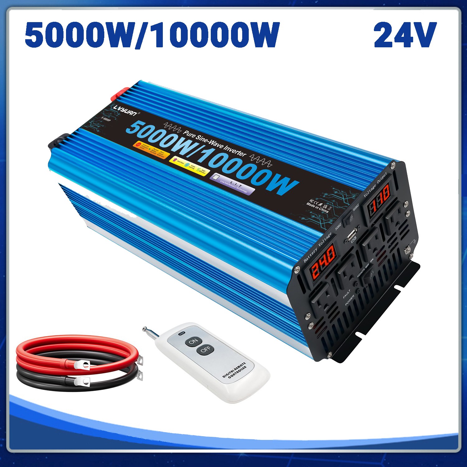 DC 24V to AC 110V 5000W 10000W Pure Sine Wave Power Inverter 4AC Converter Trip