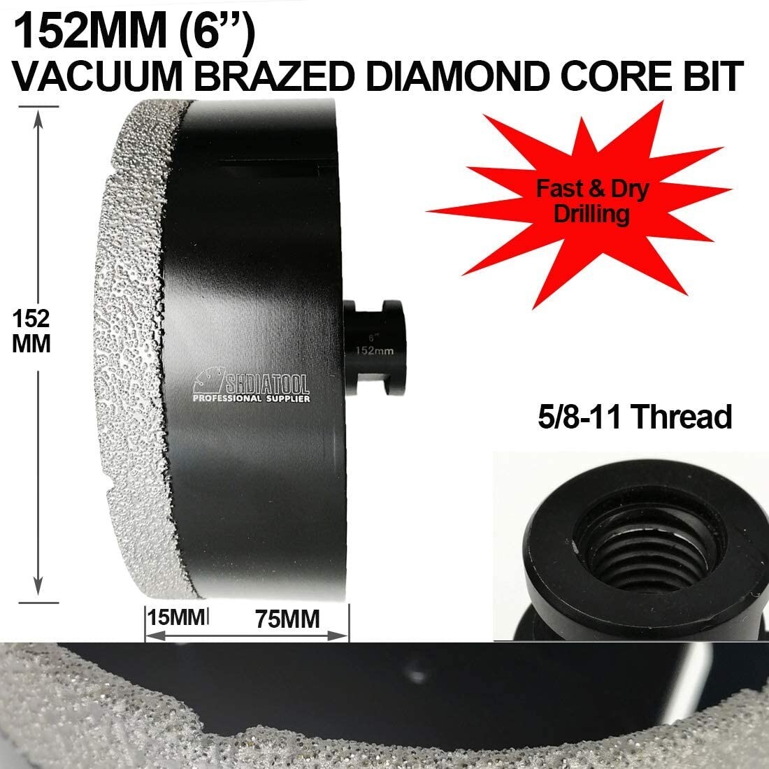 6" Diamond Core Drill Bit Hole Saw & Hex Adapter Tile Ceramic Marble Porcelain
