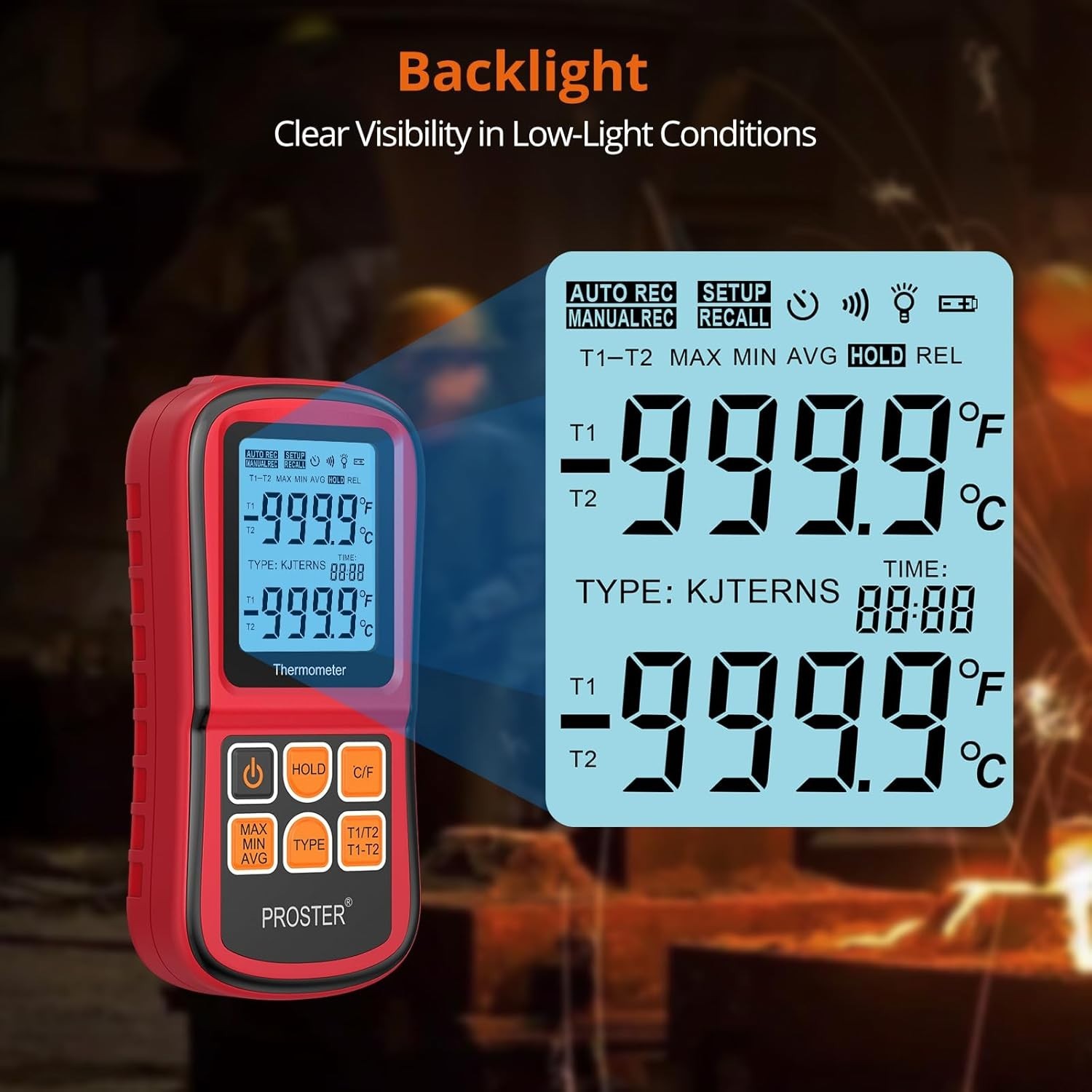 Digital Thermometer with Dual K Type Probes, High Temp Meter, LCD Display