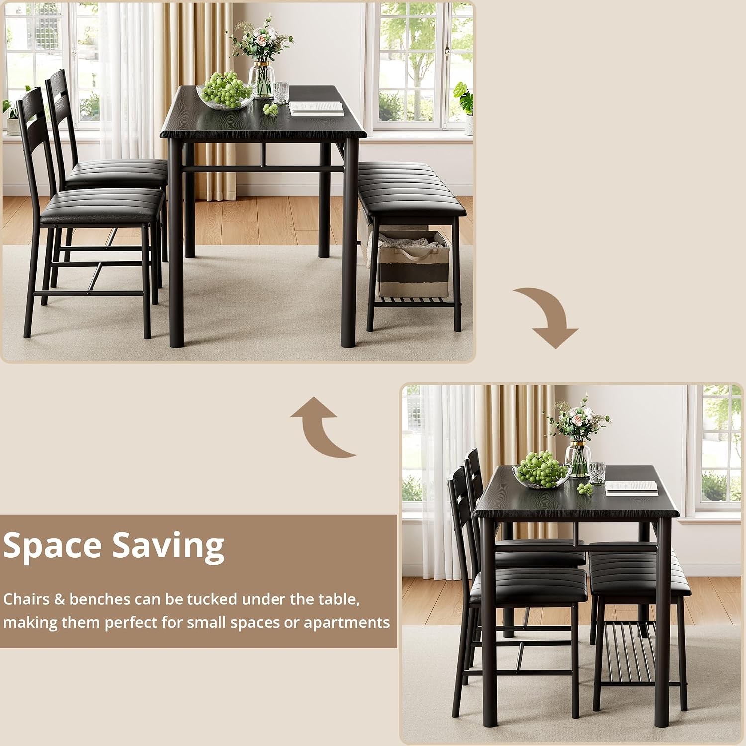 Dining Table Set for 4, Kitchen Table with Upholstered Bench and 2 Chairs,