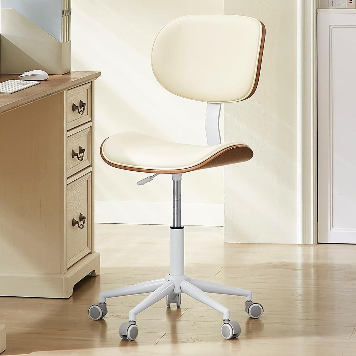 Small Office Chair W/ Bentwood Back Support Armless Desk Chair W/ 360° Swivel