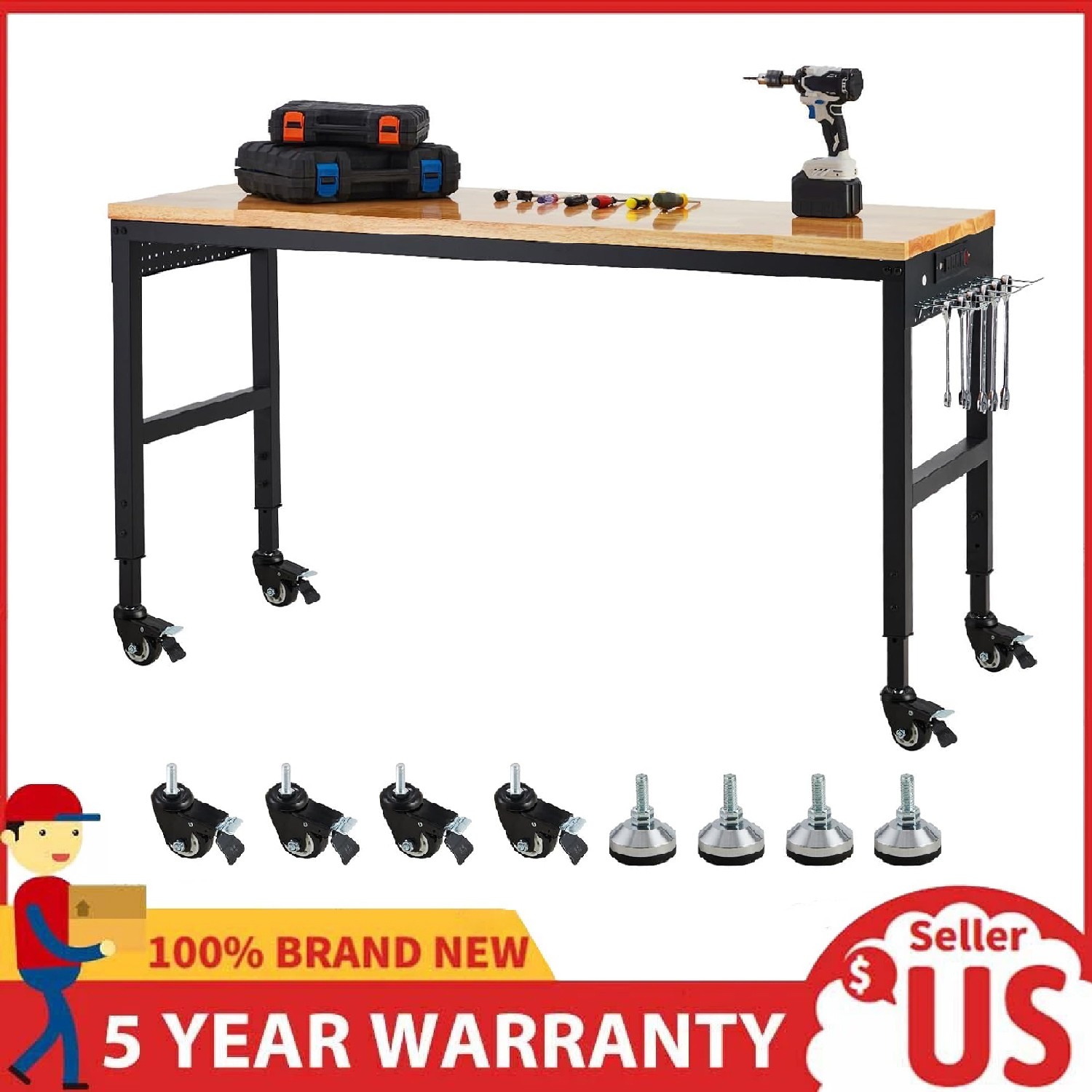 72" Adjustable Workbench 2000LBS Load Heavy Duty Garage Worktable w/Power Outlet