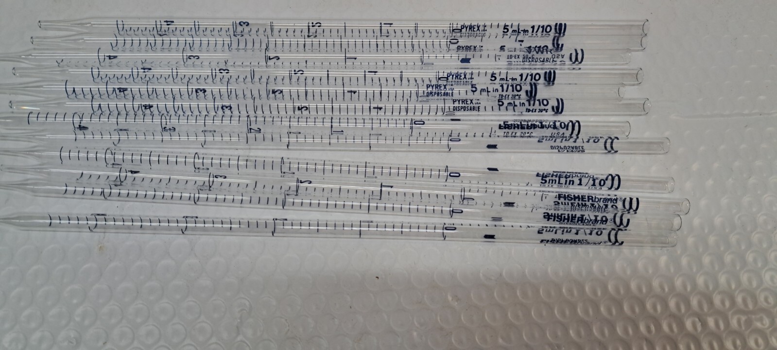 MIXED LOT OF 12 PYREX, FISHER,  Serological GLASS PIPETTE   5 ML