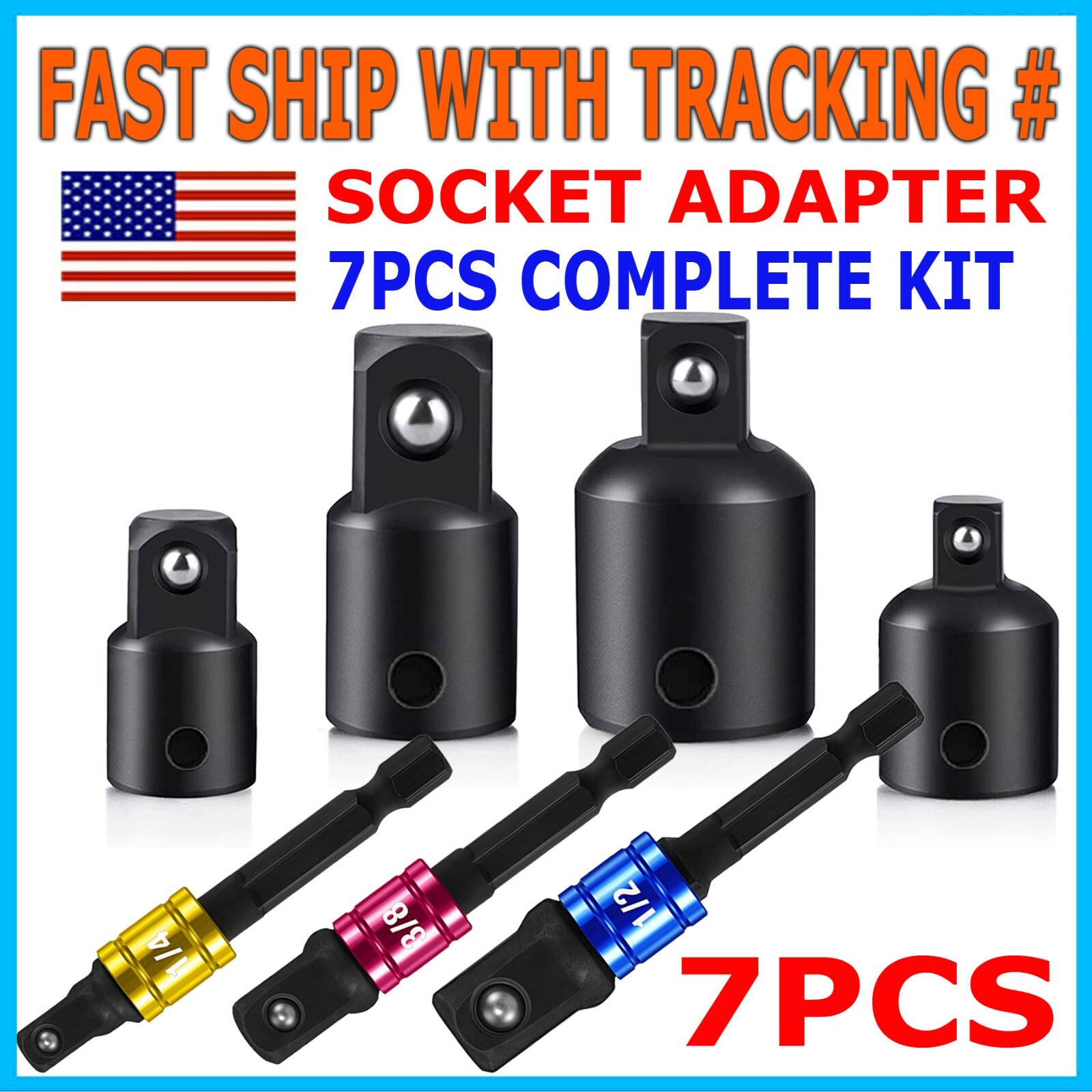 Socket Adapter Set Hex Shank to 1/4 3/8 1/2" Impact Grade Driver Drill 7 PCs