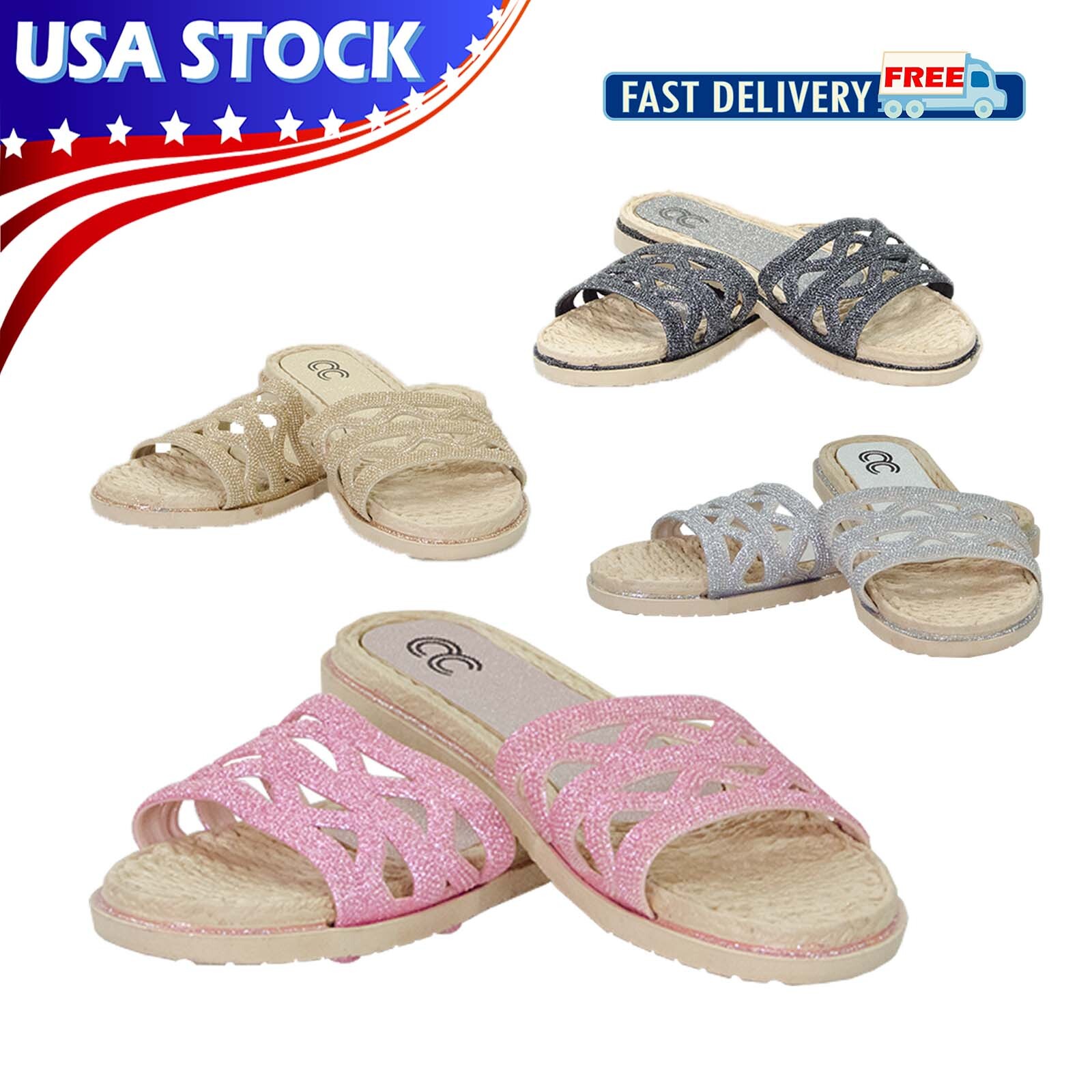 Women's Summer Sandals Glitter Flat Slipper Slides Slip-On Sequin Beach Shoes