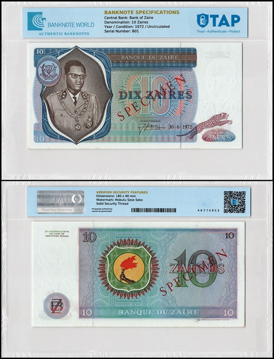 Zaire 10 Zaires, 1972, P-23a.1s, UNC, Specimen, TAP Authenticated