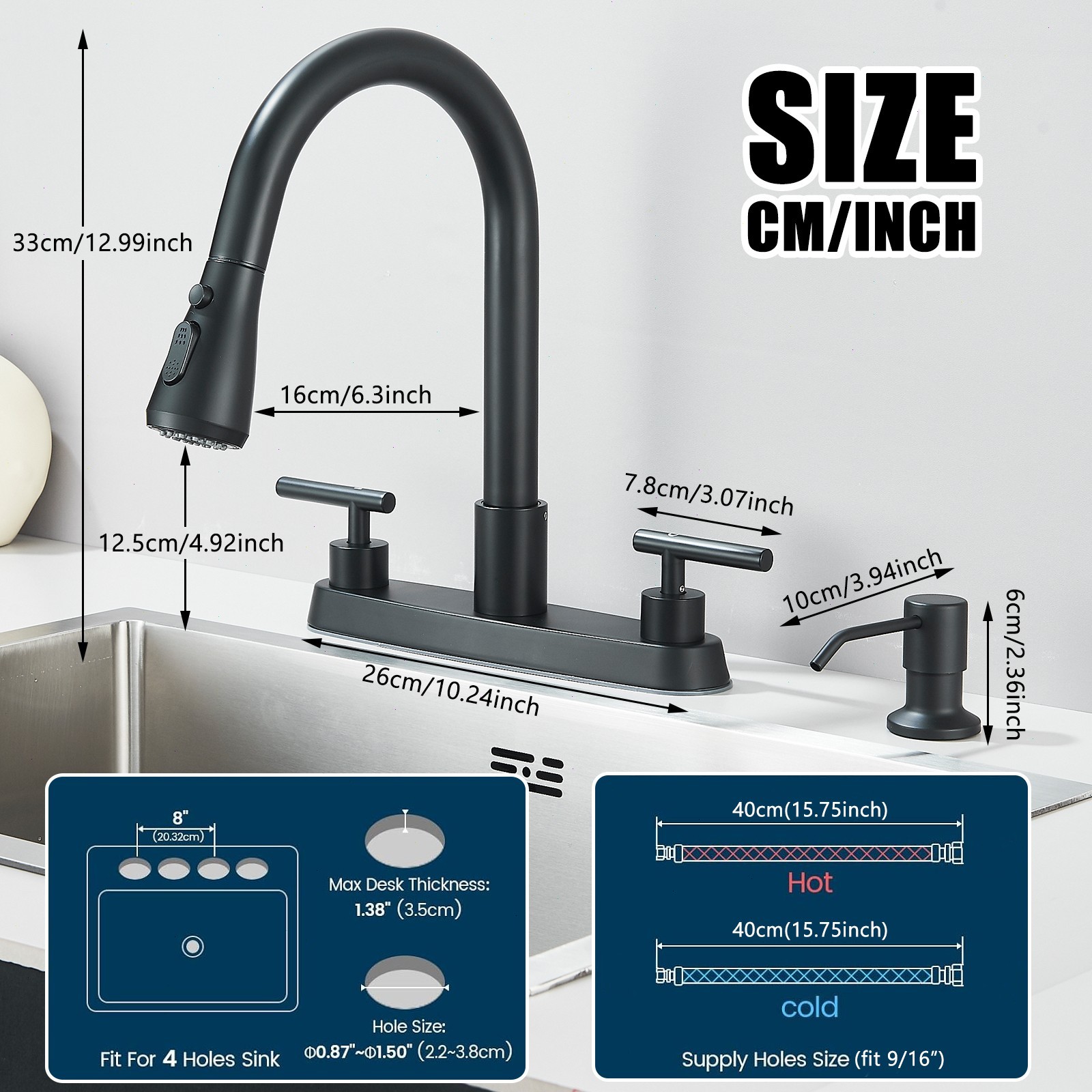 3 Hole Kitchen Faucet Pull Down Sprayer 8"Centerset 2 Handle with Soap dispenser