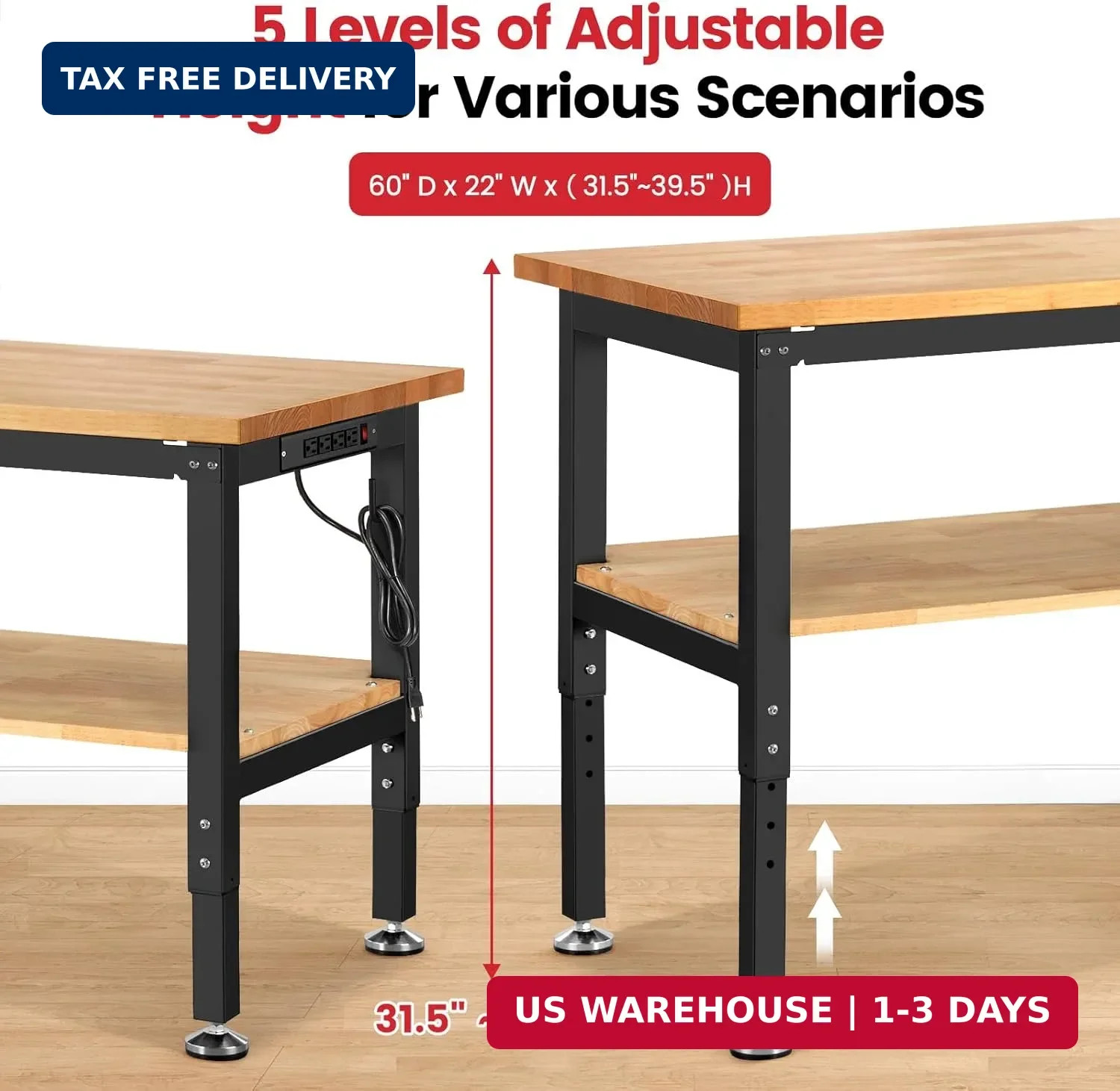 60" Heavy Duty Workbench, Adjustable Height Garage Work Bench with Solid Rubberw