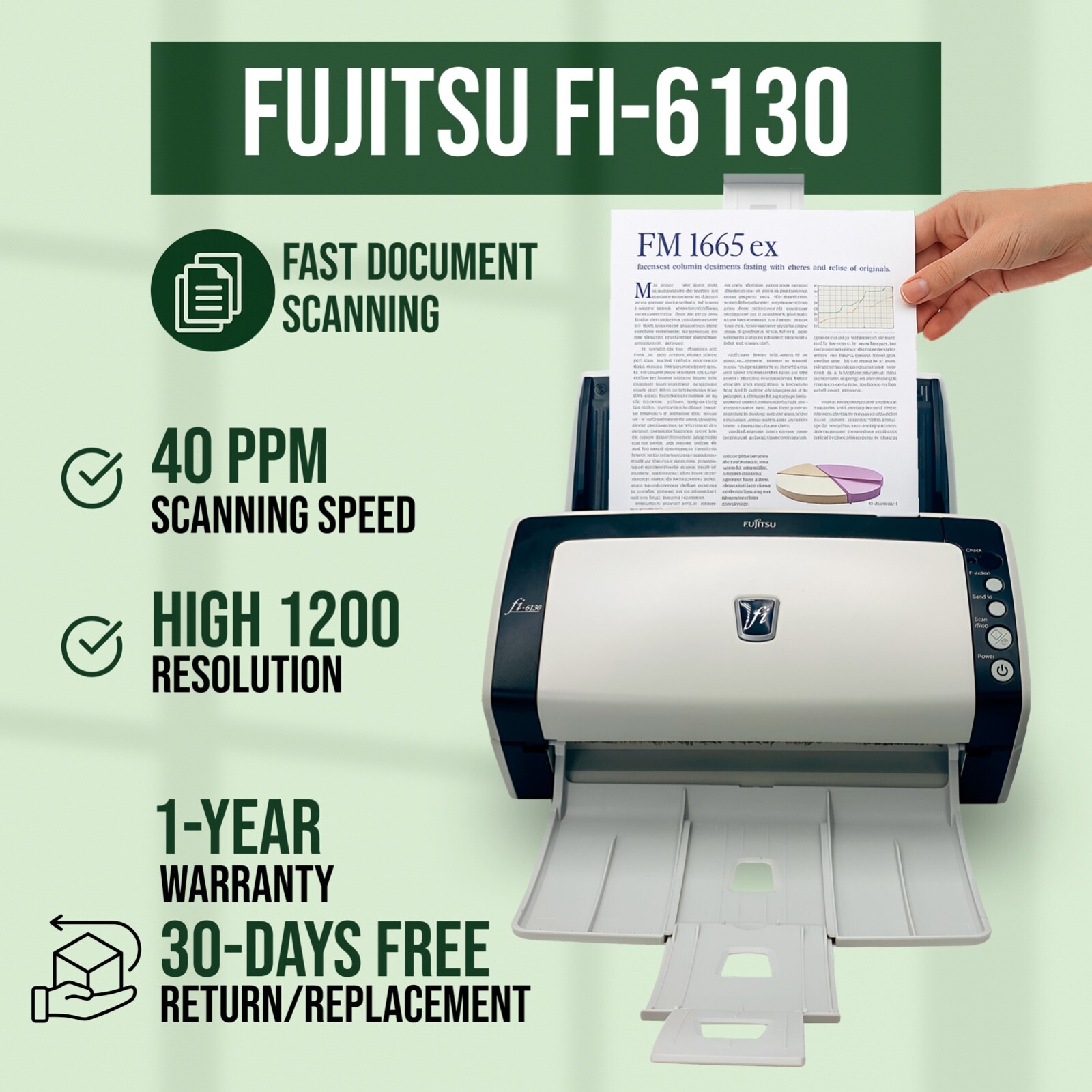 Fujitsu Fi-6130 Scanner For Business w/Adapter+USB+Drivers ZERO ROLLERS COUNT🔥
