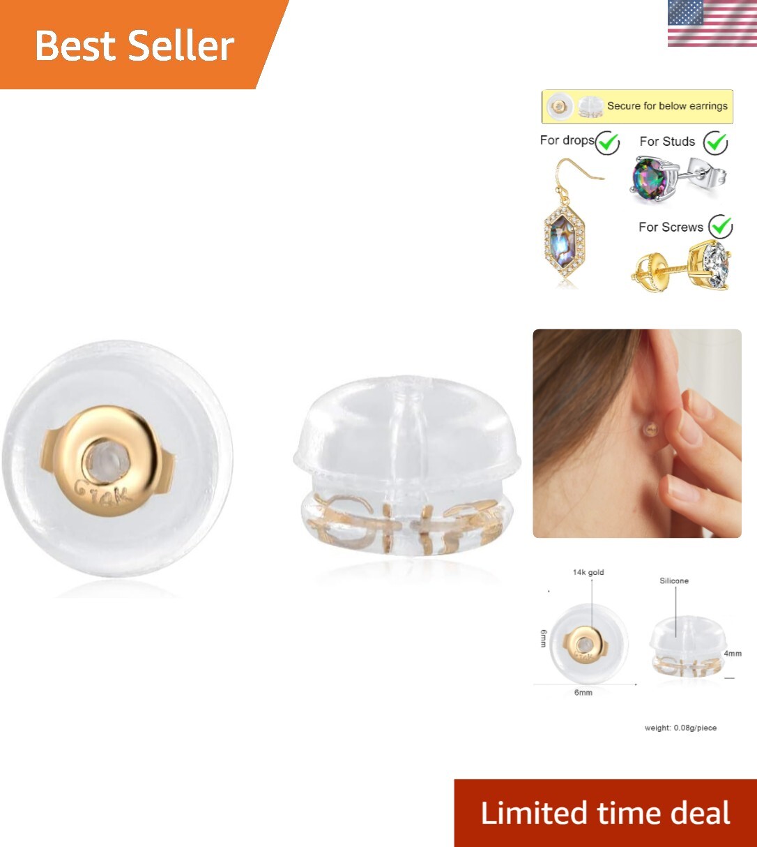 Lightweight Locking Earring Backs - 14K Gold & Silicone for Sleepless Nights