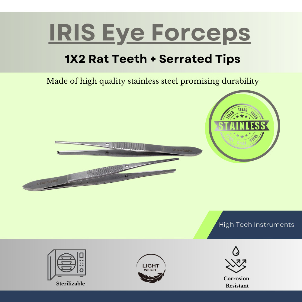 2 Pcs IRIS Eye Forceps 1x2 Rat Teeth + Serrated Tips 4" Surgical Lab Tweezers