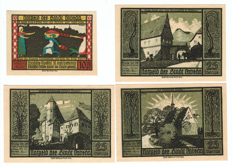 SET OF 4 GERMANY NOTGELD 10.25 PFENNIG STADT-LOBEDA 1920 UNC