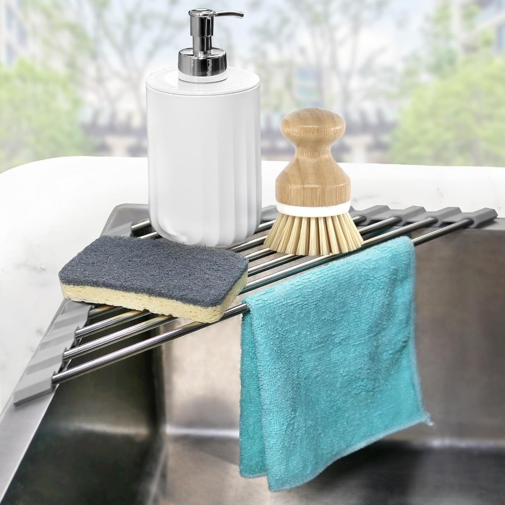 Corner Sink Caddy Triangle Dish Drying Rack with Sponge Holder Stainless Steel