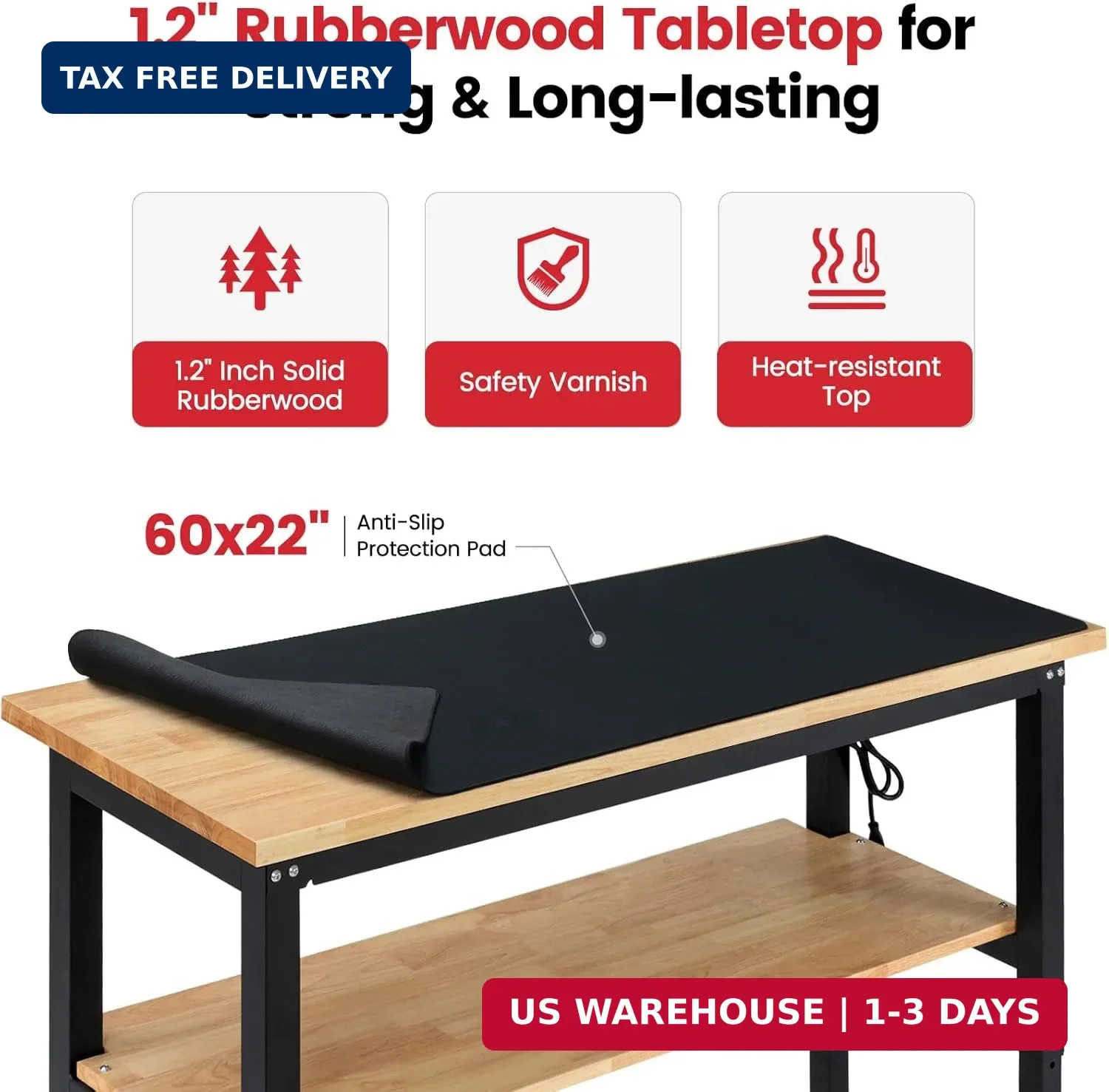 60" Heavy Duty Workbench, Adjustable Height Garage Work Bench with Solid Rubberw