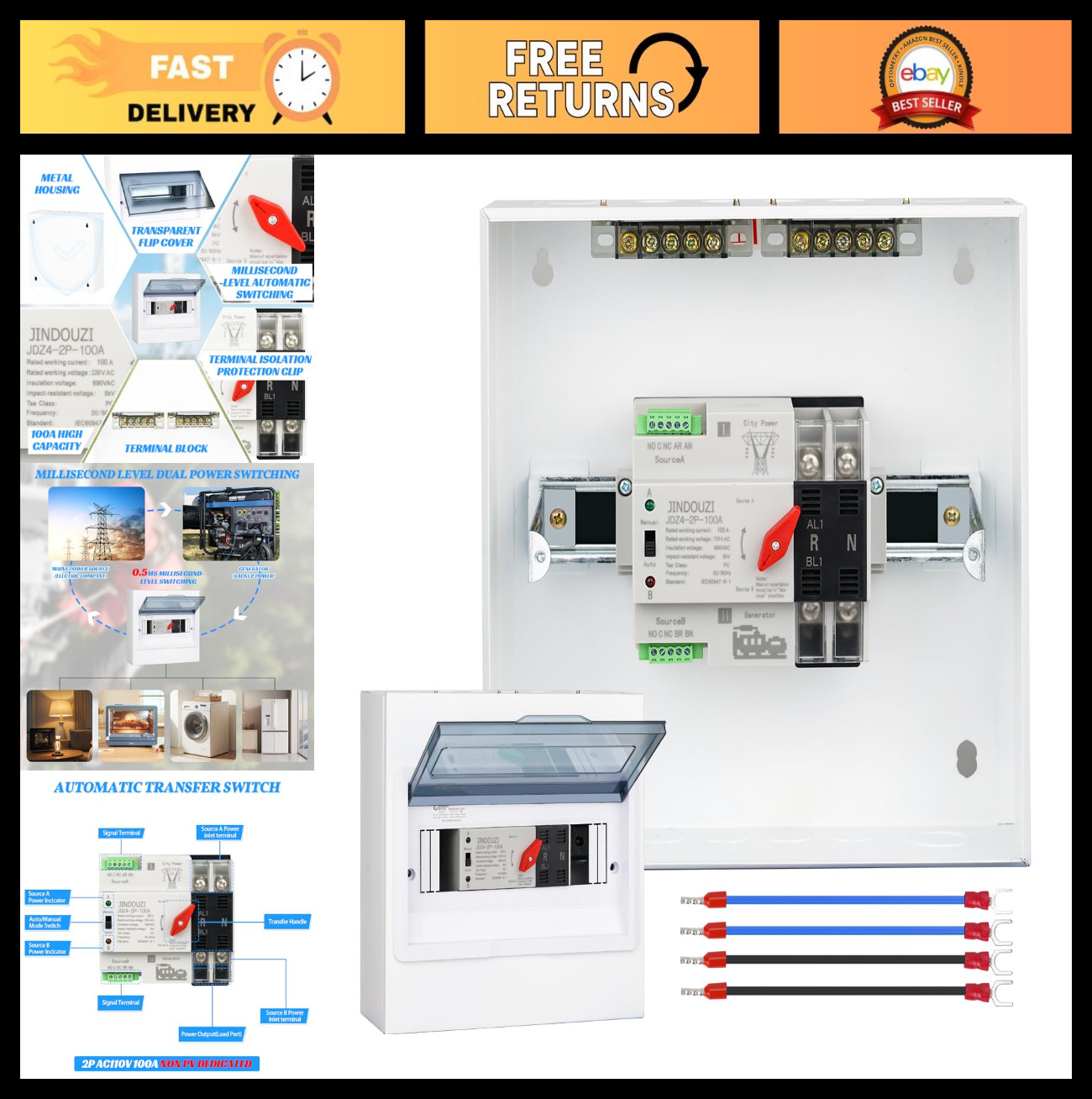 100A Automatic Transfer Switch, Dual Power 110V Generator Switch, Metal Box