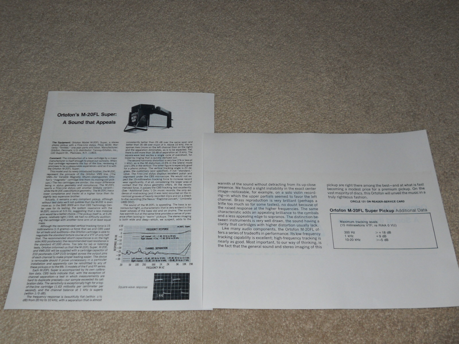 Ortofon M-20FL Super Cartridge Review, 2 pages, Specs, Full Test, 1978