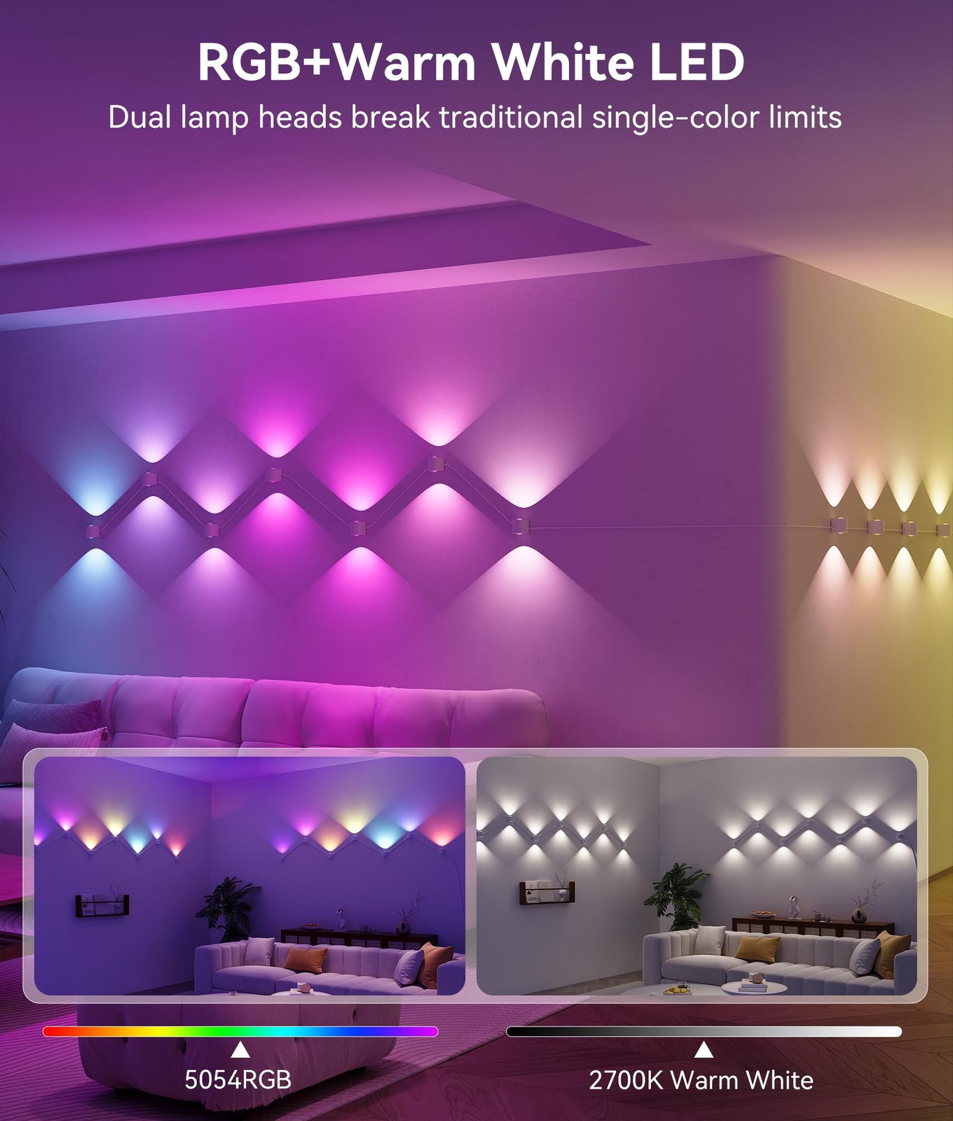 8-Light RGBCW Wall Sconce Light, Up/Down Bedroom Wall Lights, Music Sync, DIY...