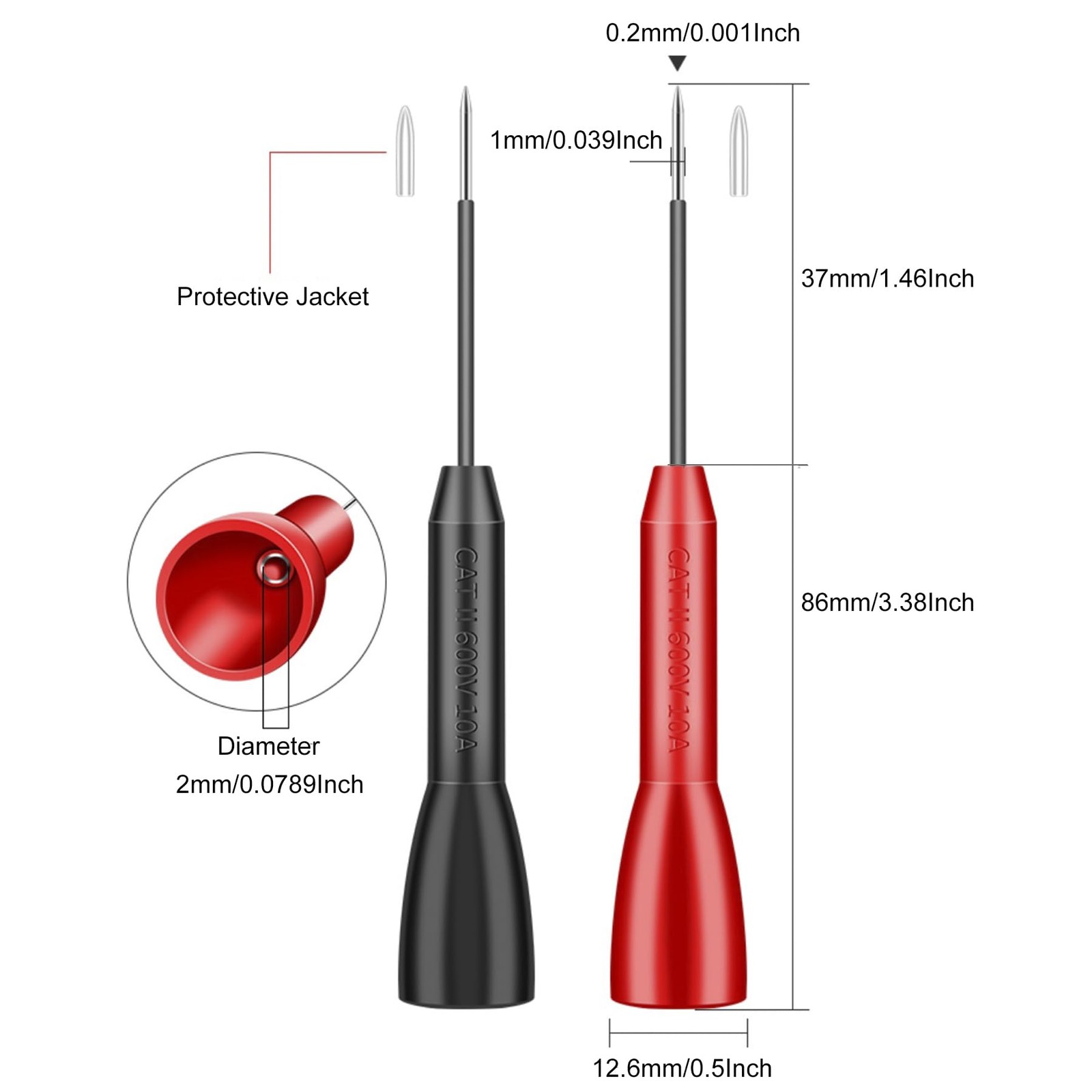 4 Pack 2mm Extended Needle Test Probes, 600V/10A Non-Destructive Black-Red