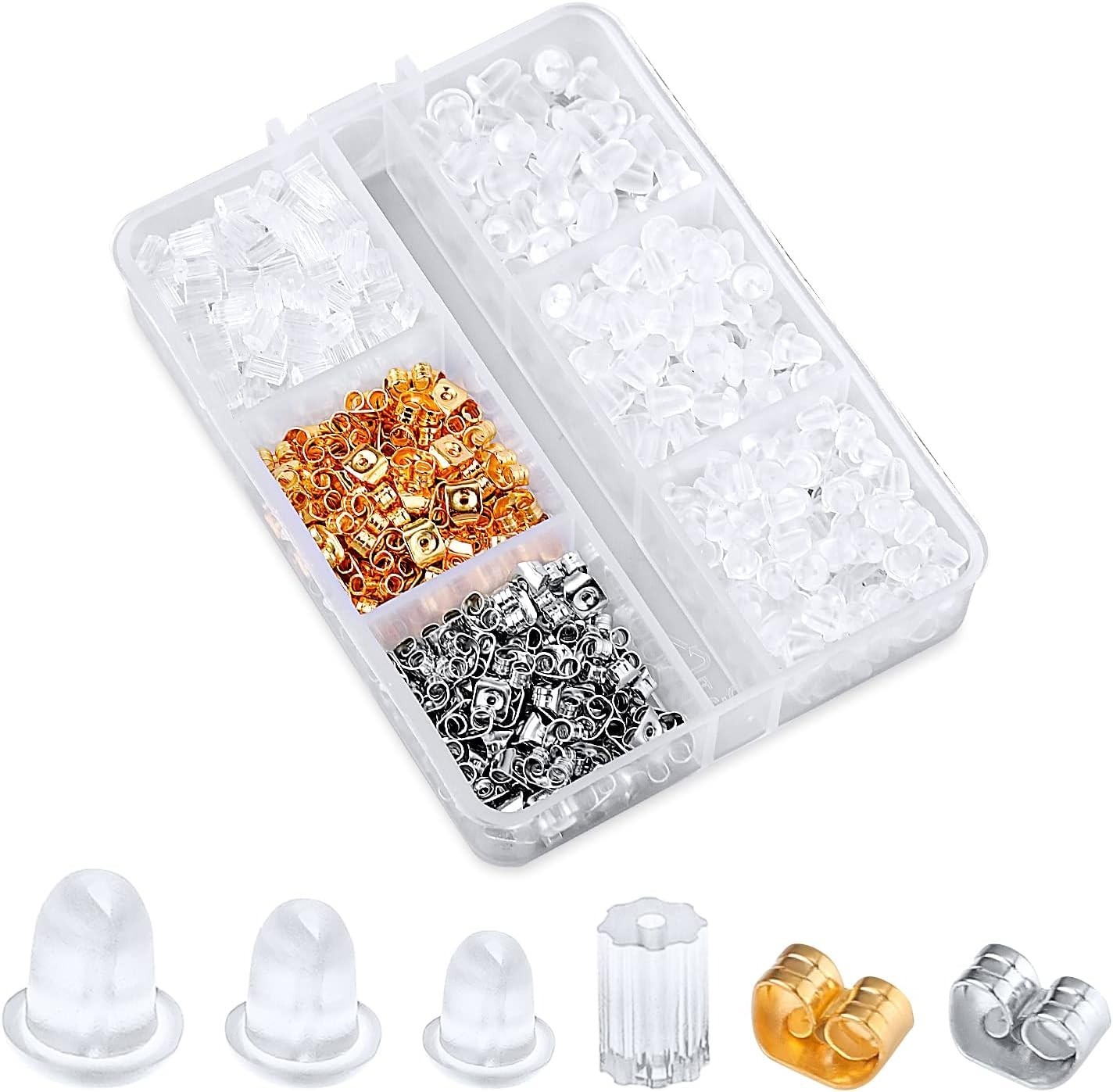 LUTER 710pcs Metal Plastic Rubber Silicone Earring Backs, 6 Designs Clear Earrin