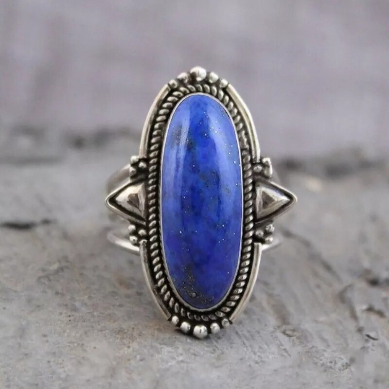 Solid 925 Sterling Silver Women Jewelry Ring Natural Lapis Lazuli Gemstone