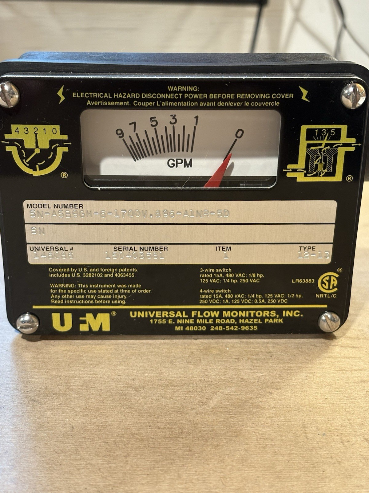 NEW NOS UNIVERSAL FLOW METER MONITOR ASB9GM-6-1700V,896-A1NR-50  146086 [9299+]