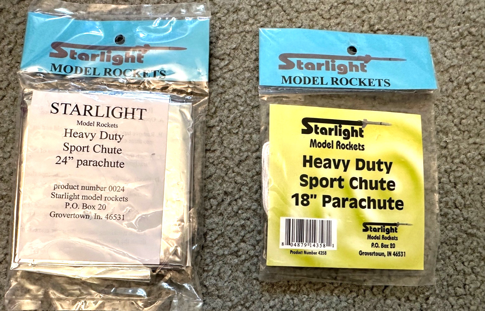 Starlight Heavy Duty Sport Chute Parachute Lot of 2- 24" & 18" -Model Rockets