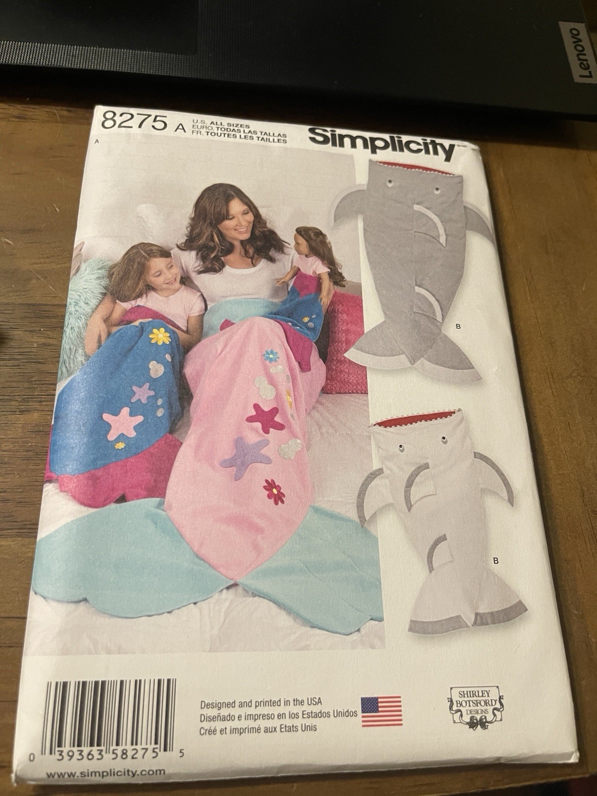 Simplicity Pattern 8275 ~ Mermaid & Shark Blankets for Kids~Adults & 18" Dolls
