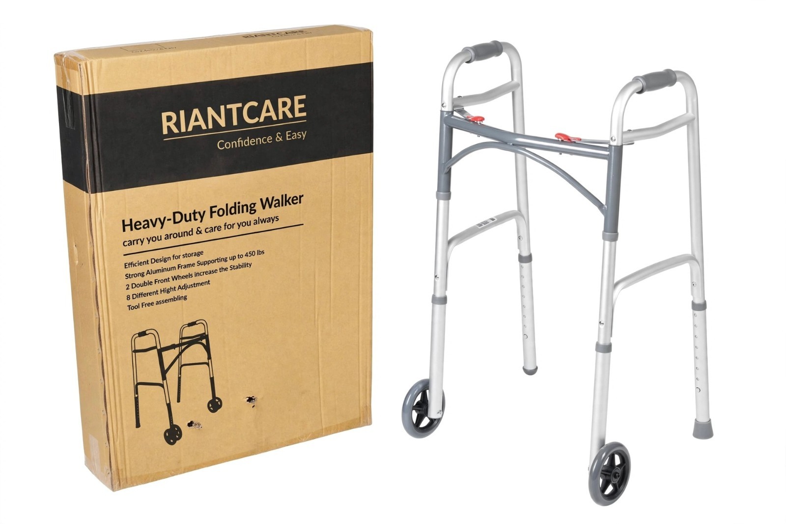 Folding Walker with Wheels 450 lb Heavy Duty Bariatric Adjustable - RIANTCARE