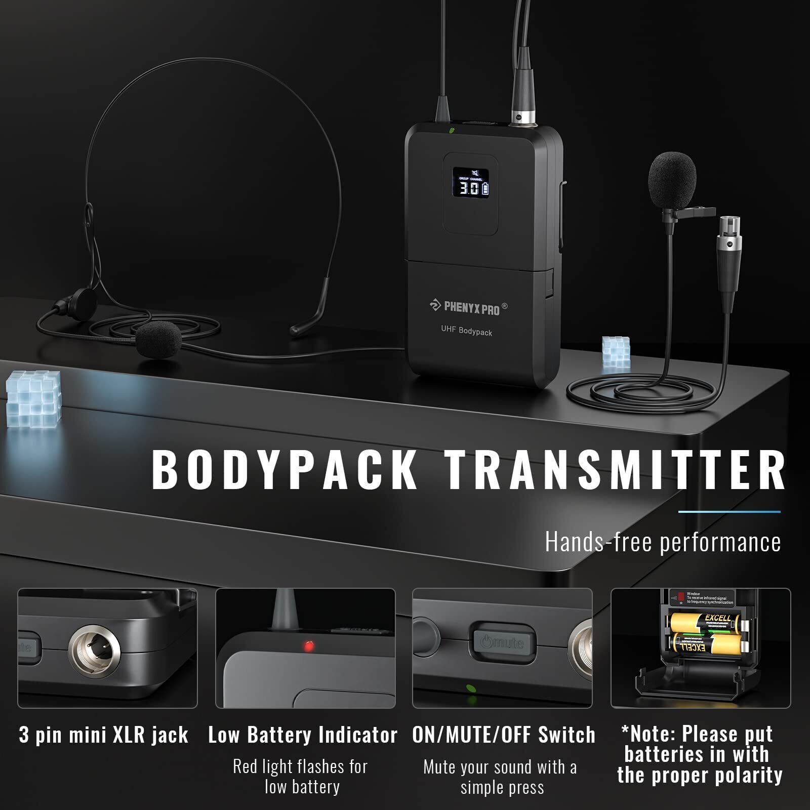 Wireless Microphone System, Dual Mic Set with Handheld/Bodypack/Lapel Mics