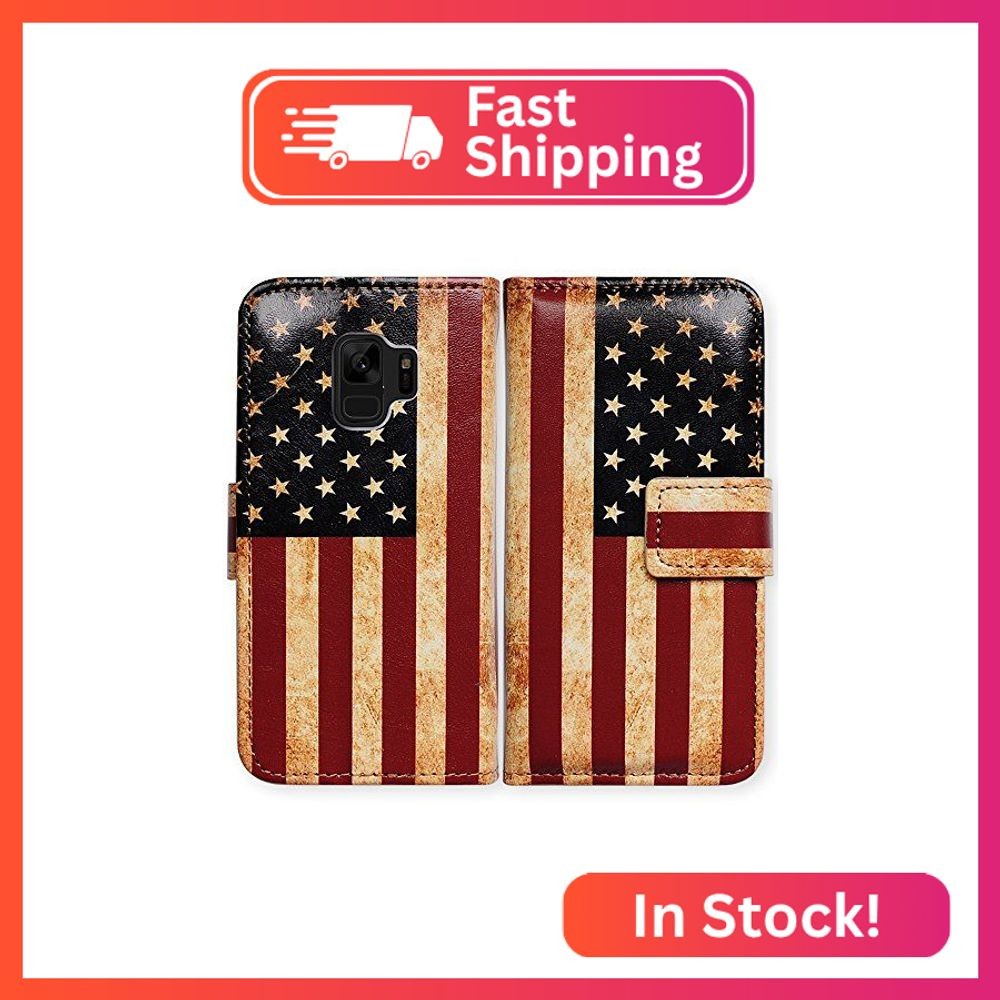 Bcov Case for Galaxy S9, Retro American Flag Wallet Flip Leather Cover Case with