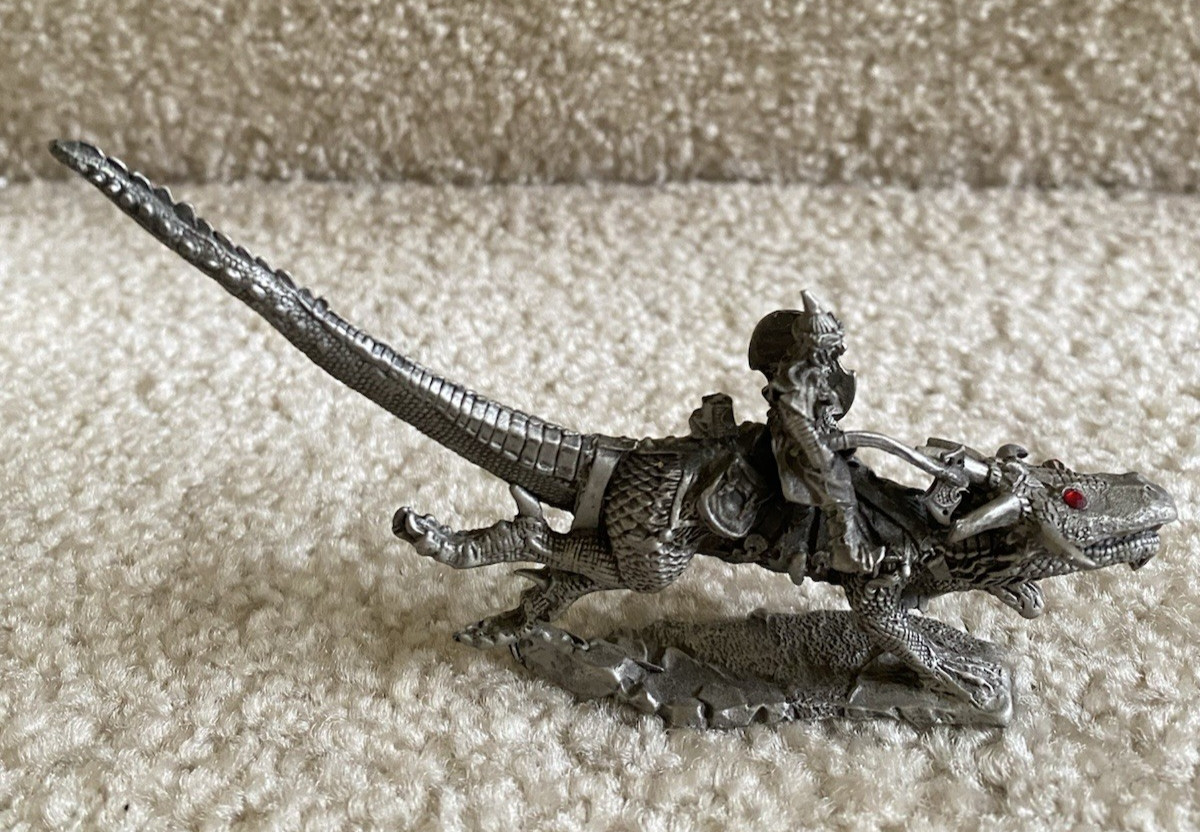 Partha Pewter Dragon with  Rider #715 Red Rhinestone Eyes 1988 FREE SHIPPING