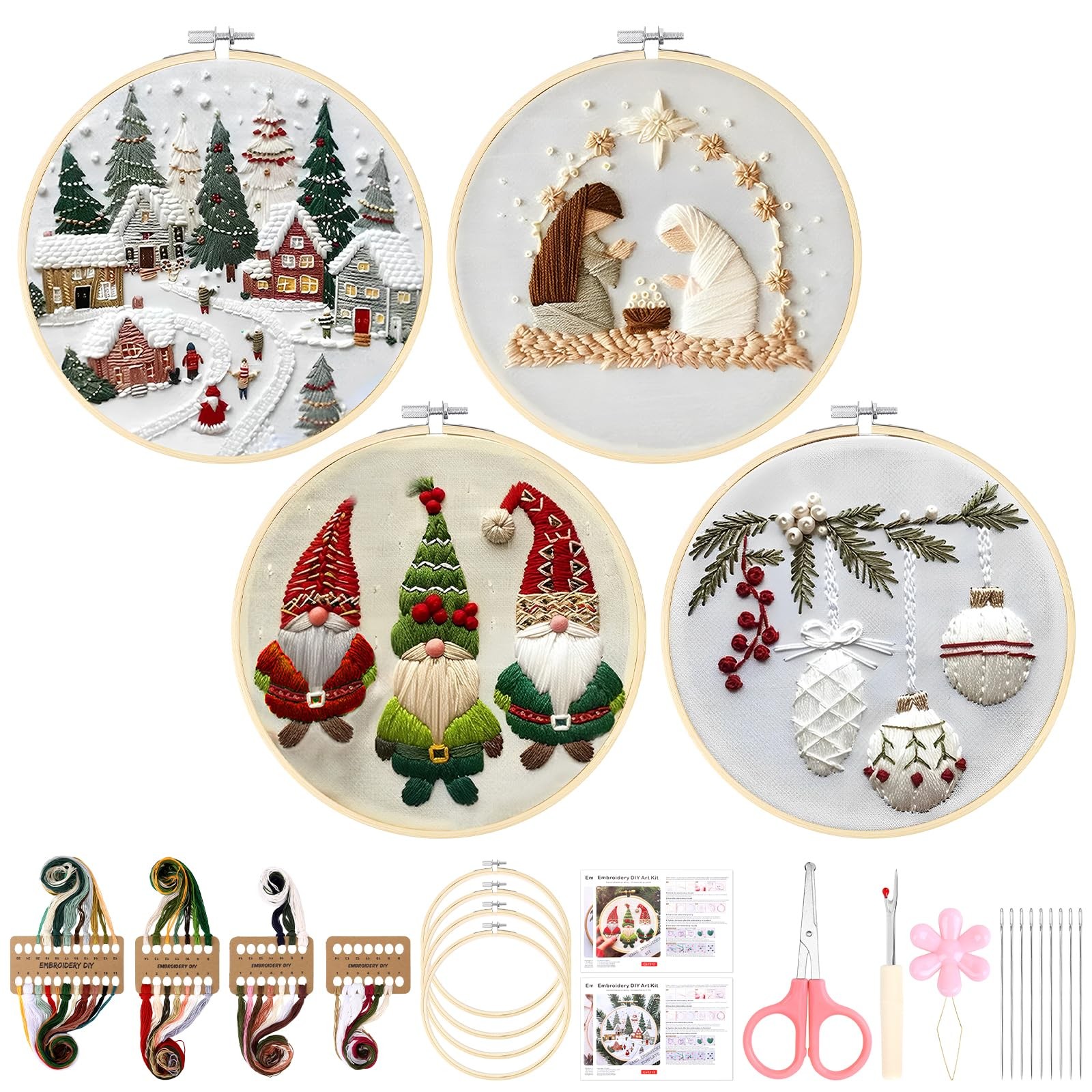 Christmas 9.45X9.06X0.39 Inches, 4 Pcs, Village+Nativity Manger+Gnomes+Holly