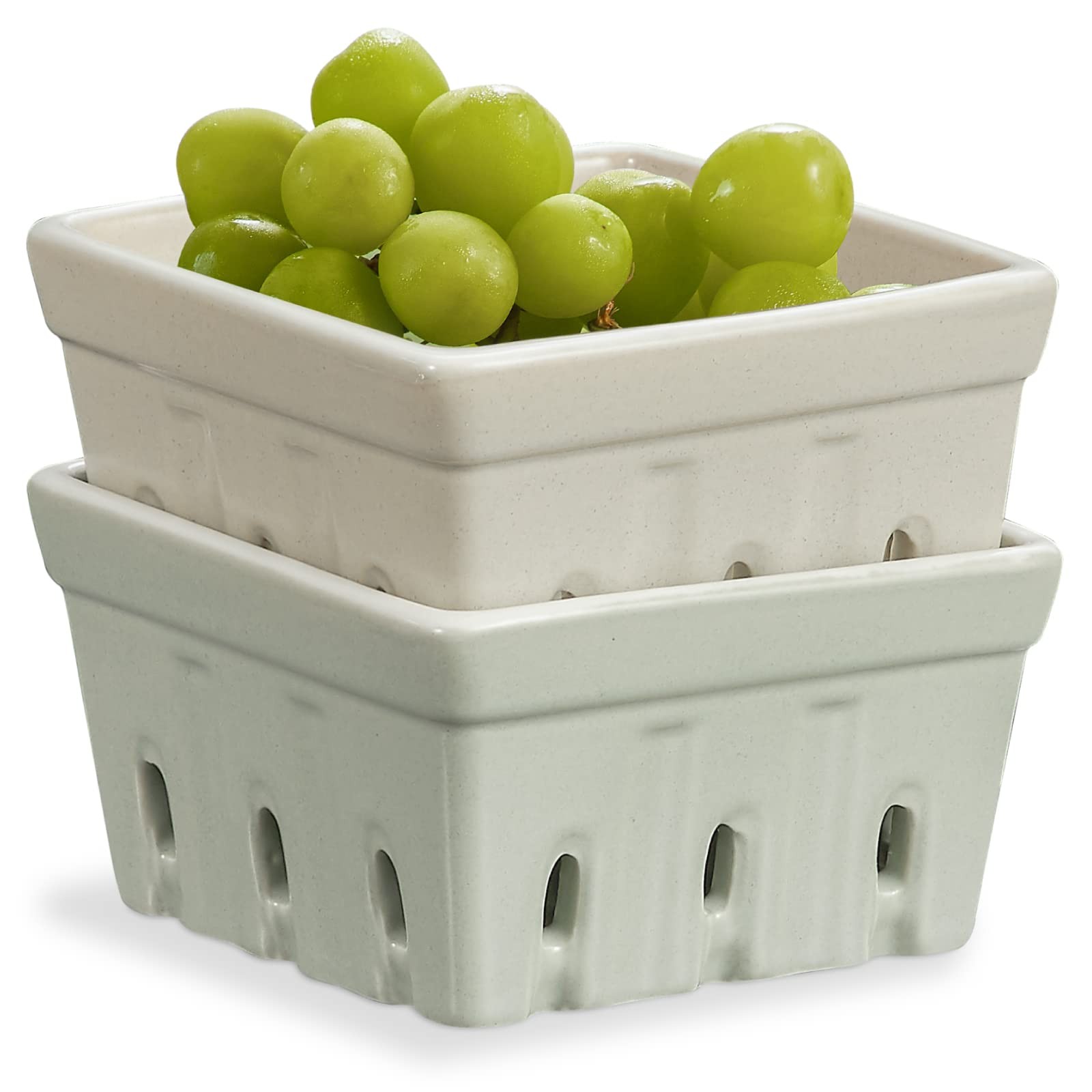 Ceramic Berry Basket Square Fruit Bowls Rustic Stoneware Berry Colander Set Of 2