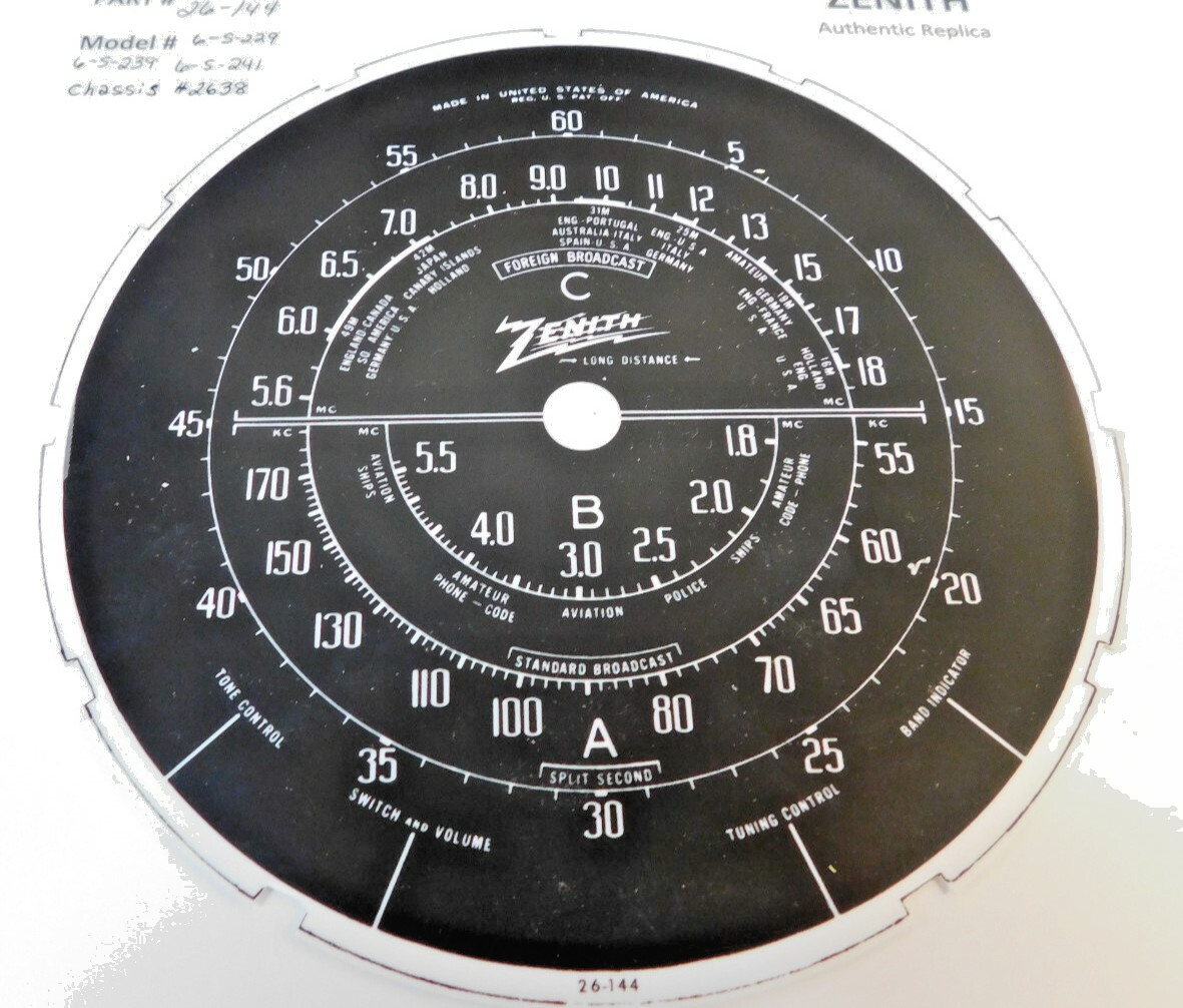 Authentic Vintage Replica Zenith RADIO DIAL #26-144 , 6-s-229, 6-s-239, 6-s-241
