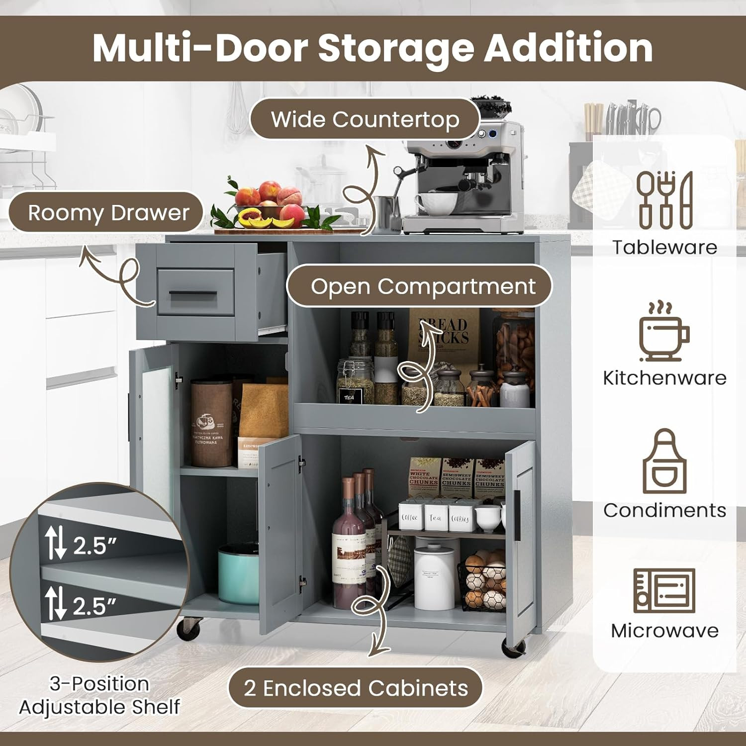 Rolling Kitchen Island Cart with Storage & Adjustable Shelf, Grey