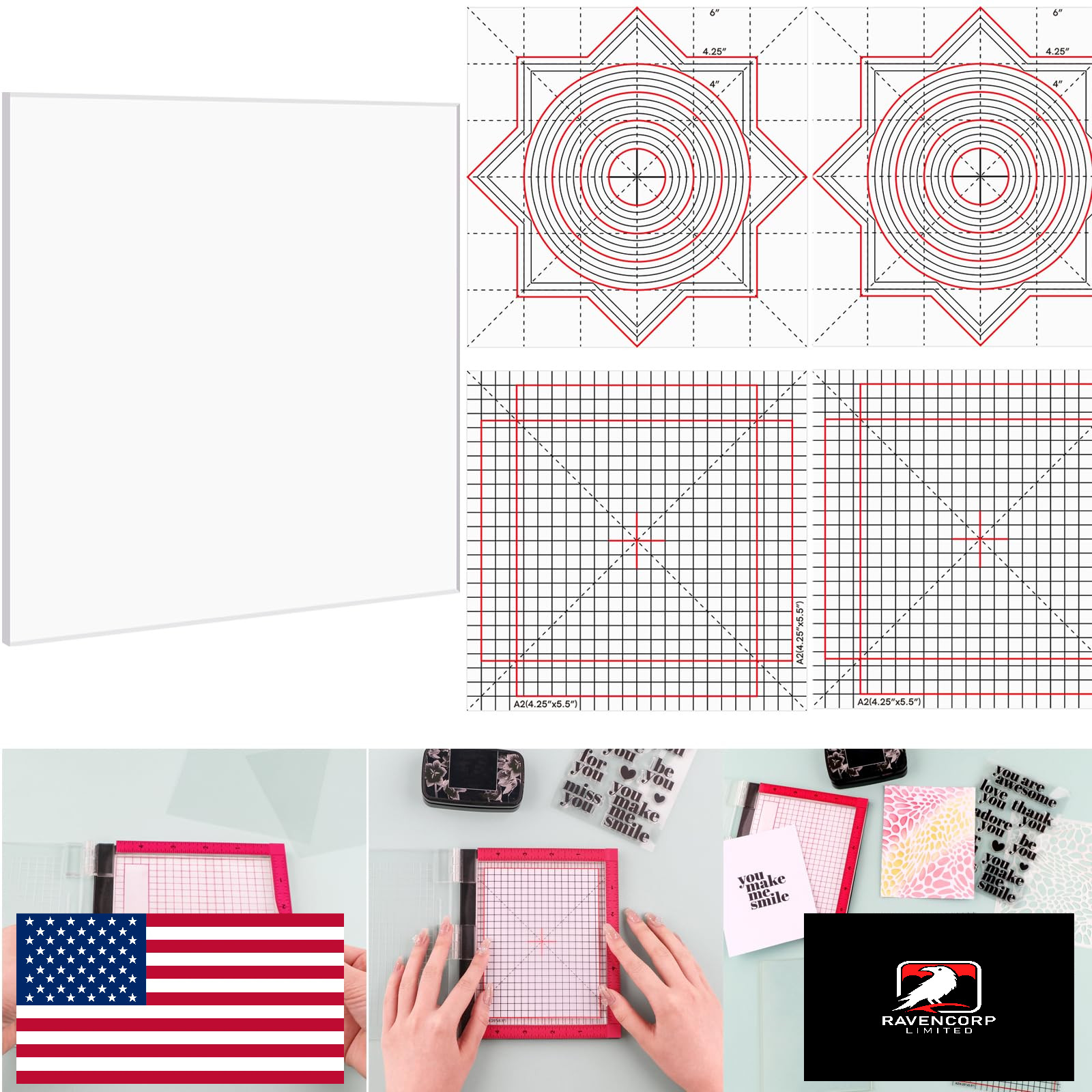 6x6 Photopolymer Grip Mat, 4PCS Printed Guides for Stamping & Card Making