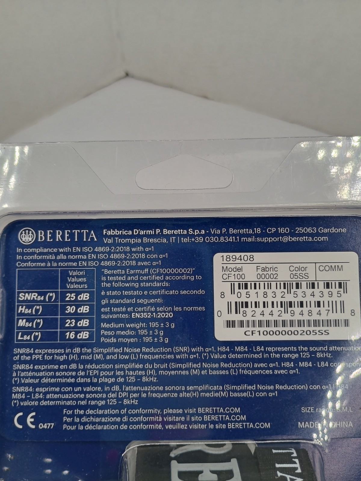Beretta Standard Earmuff 25db Muff Hearing Protector BLUE CF1000000205SS