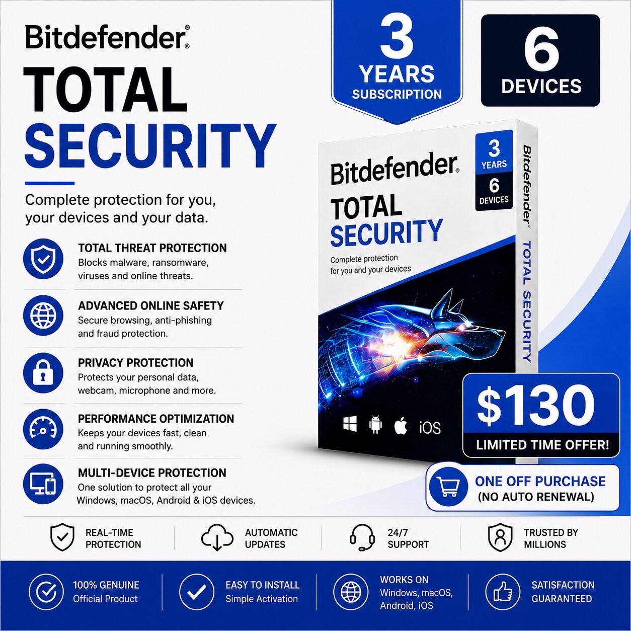 Bitdefender Total Security 2026  3 Years 6 Devices + Daily VPN (Works Globally)