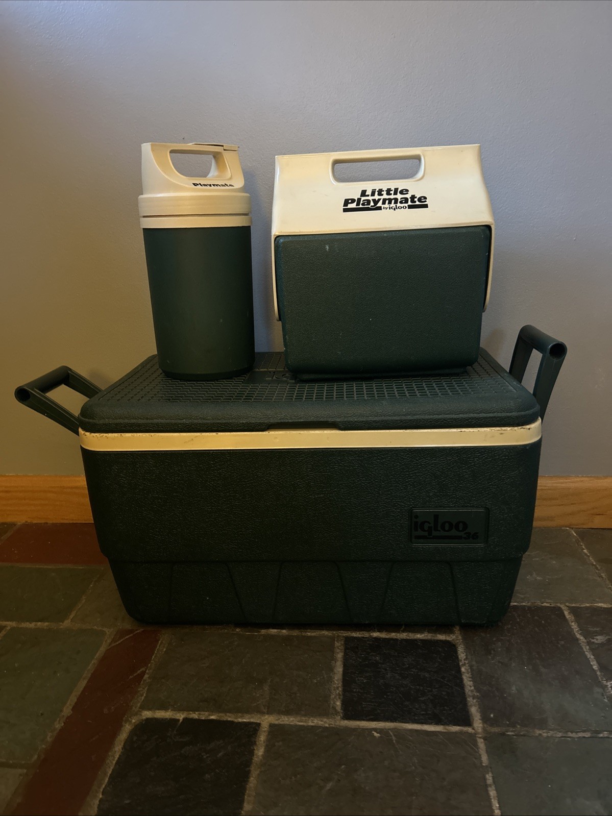 Rare Igloo 3 Pc Set. Large Cooler, Playmate, & Drink Cooler. Dark Green
