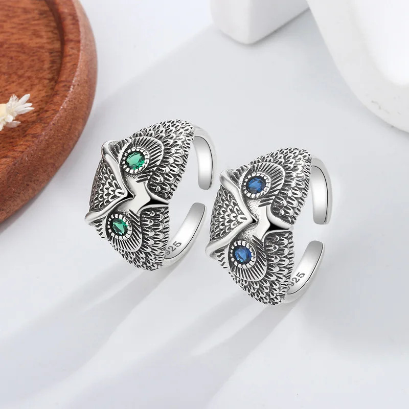 925 Sterling Silver Owl Zircon ​​Open Rings Women Engagement Luxury Jewelry