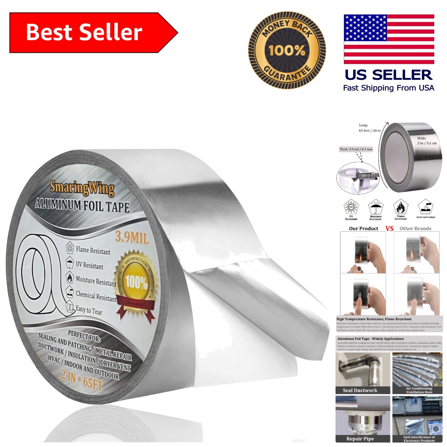 Durable Aluminum Foil Duct Tape 3.9 mil: Heat & Moisture Resistant - 1 Roll