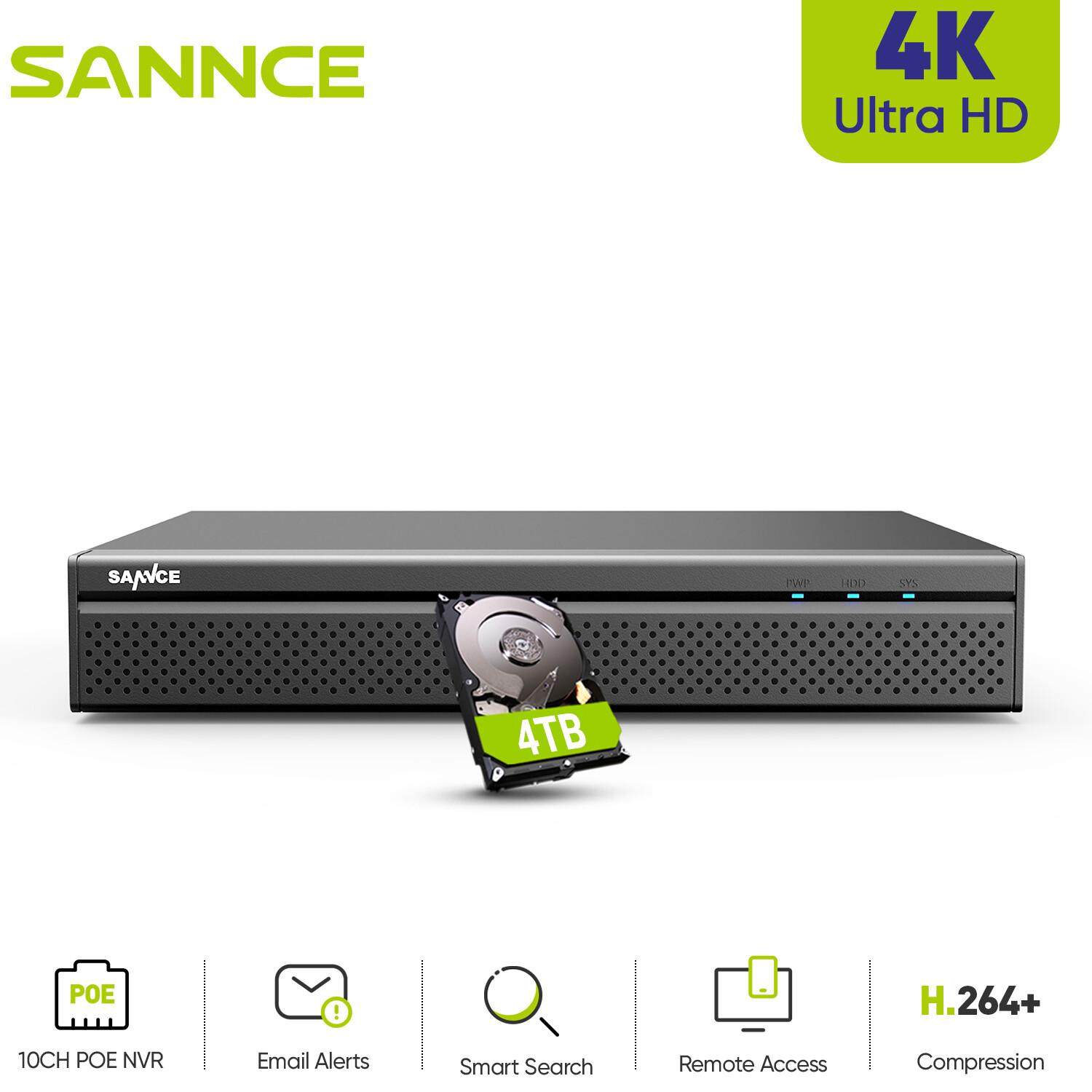 SANNCE 4K Ultra HD 8CH NVR 8MP PoE Video Recorder IP Network for Security System
